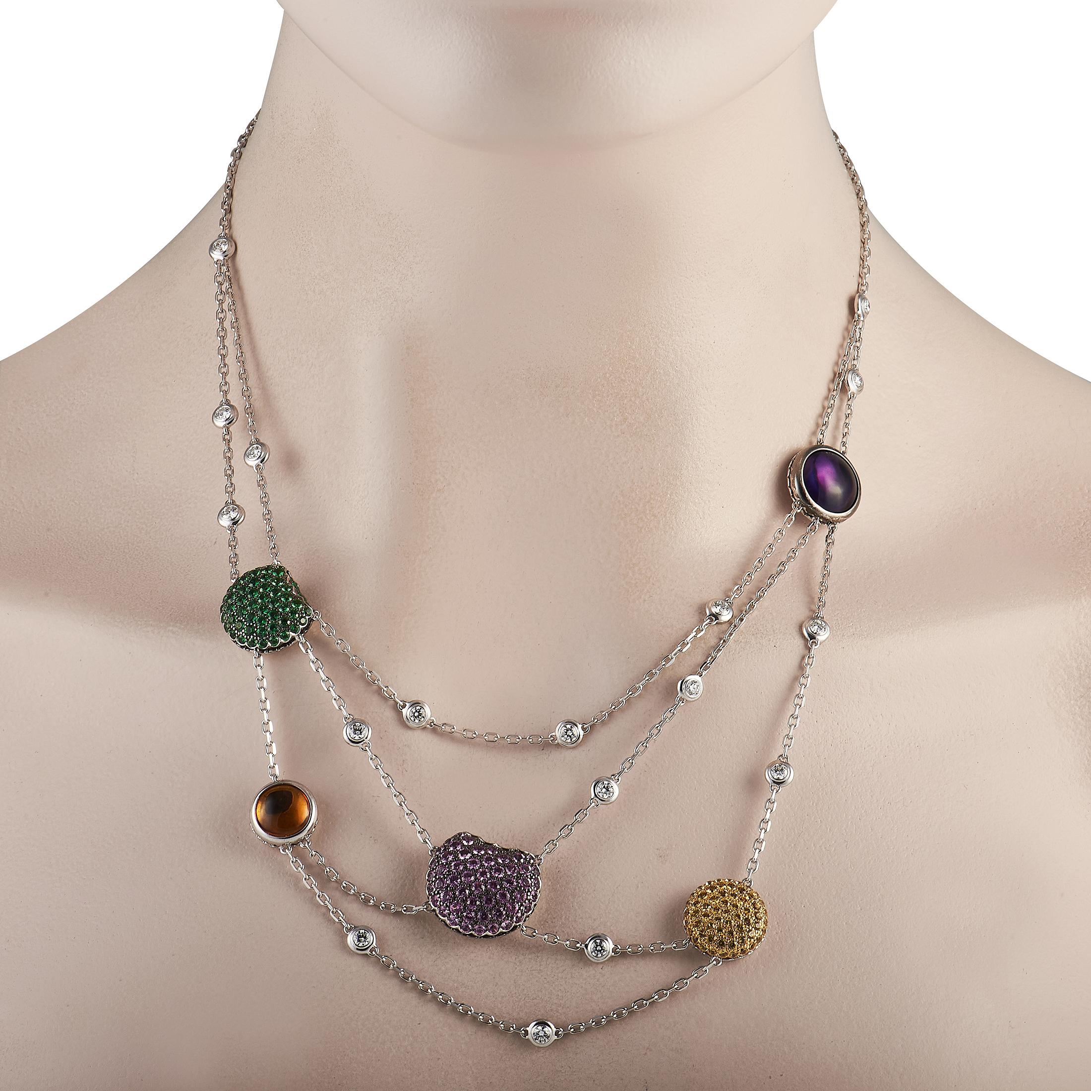 Perfect for adding a sweet bite to your fashion style. This cleverly designed Boucheron necklace is made of 18K white gold and embellished with 6.40 carats of sapphires, 8.92 carats of multiple gemstones and a total of 1.73 carats of diamonds. The