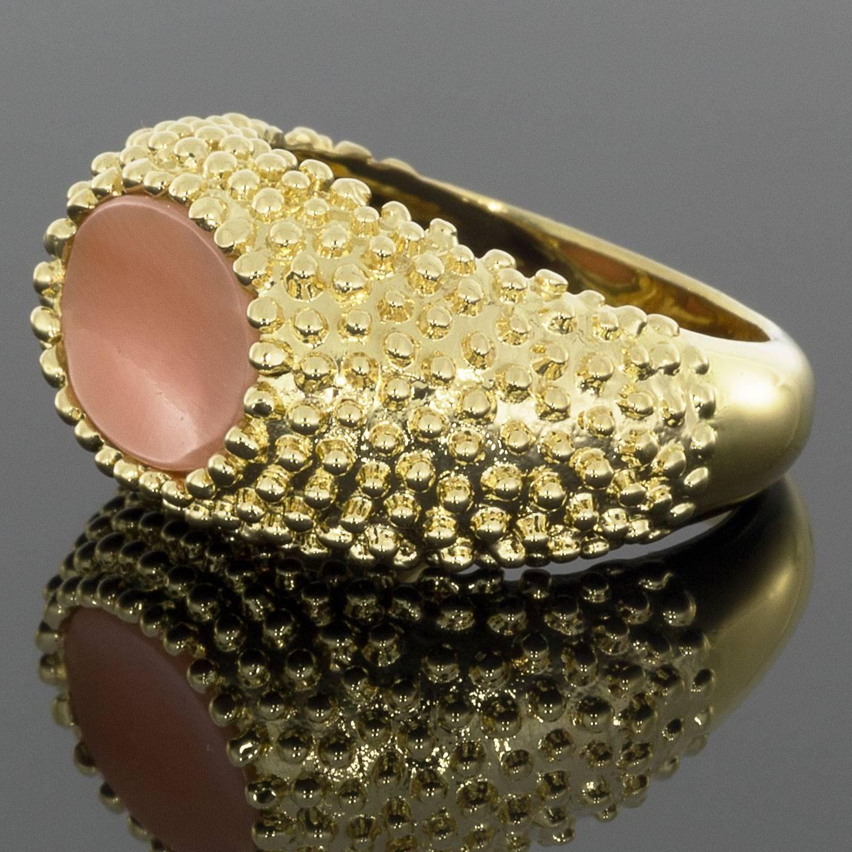 Boucheron is a French family-owned jewelry house located in Paris. This 18K yellow gold ring is bezel set with a beautiful coral stone. This ring will arrive in its original Boucheron box.

DETAILS
18K Yellow Gold
Coral Bezel set 
MSRP $3,650
Size