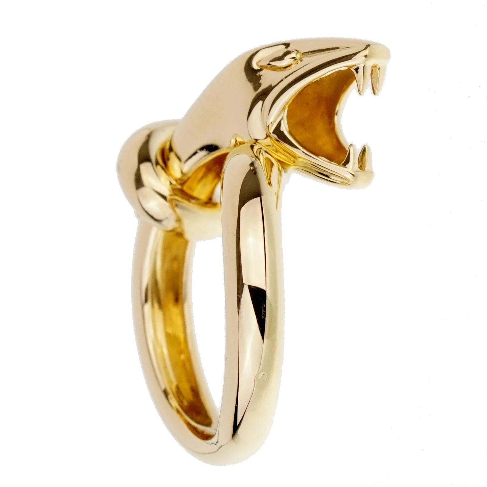 Show off your wild side with this strikingly chic Boucheron snake ring crafted in 18k yellow gold. This fabulous snake motif ring by Boucheron measures a size 5 and can be resized.