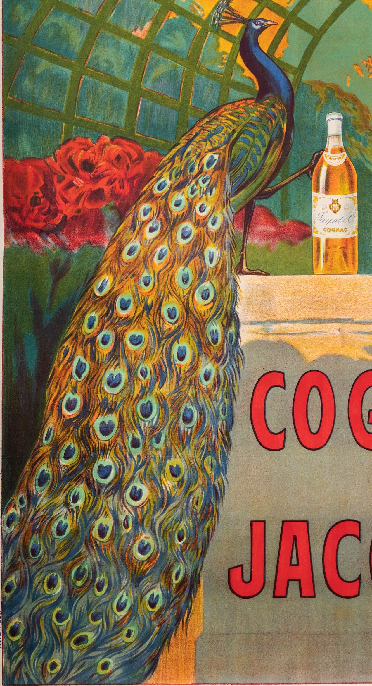 French Bouchet, Original Vintage Poster, Cognac Jacquet, Peacock, Rose Garden, 1915 For Sale