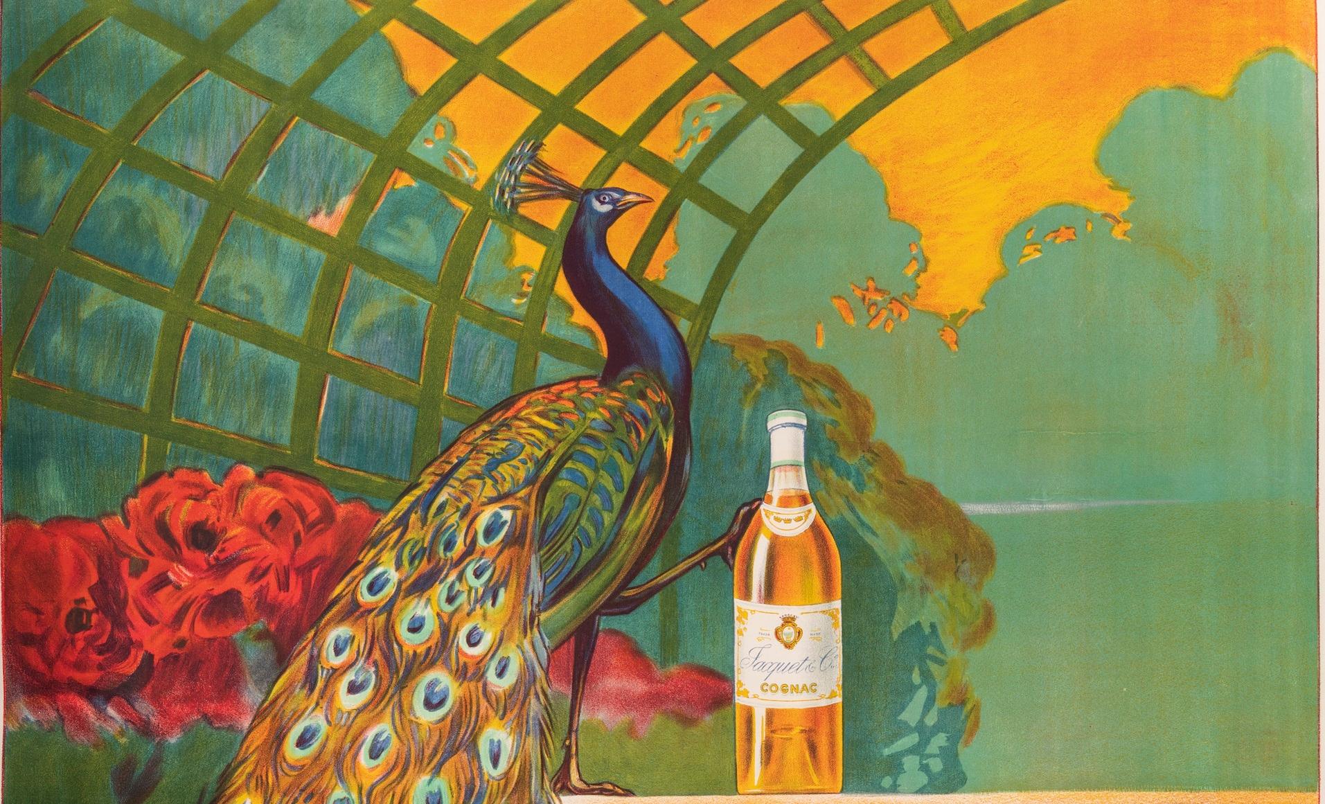 Bouchet, Original Vintage Poster, Cognac Jacquet, Peacock, Rose Garden, 1915 In Good Condition For Sale In SAINT-OUEN-SUR-SEINE, FR