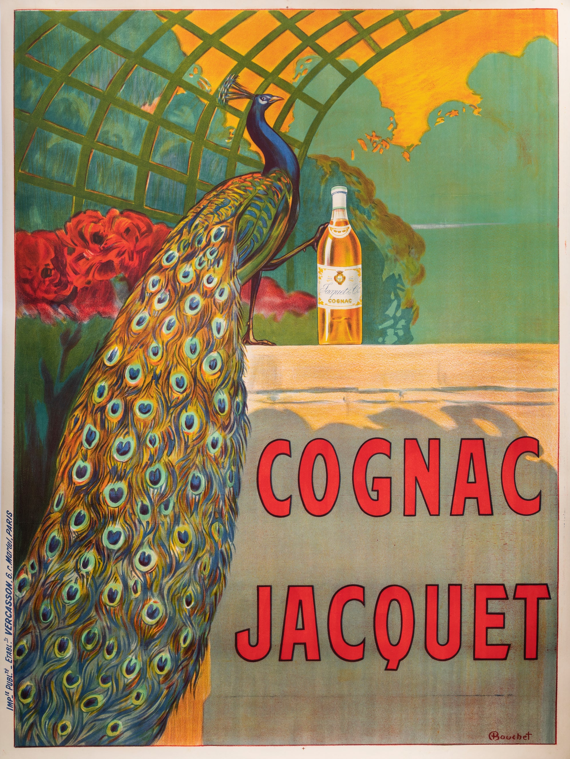 Bouchet, Original Vintage Poster, Cognac Jacquet, Peacock, Rose Garden, 1915 For Sale