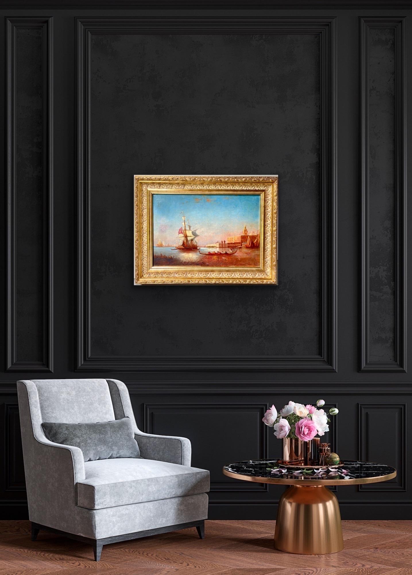 19th century romantic French painting - View of Venice - Ziem San Marco - Beige Figurative Painting by Bouchet