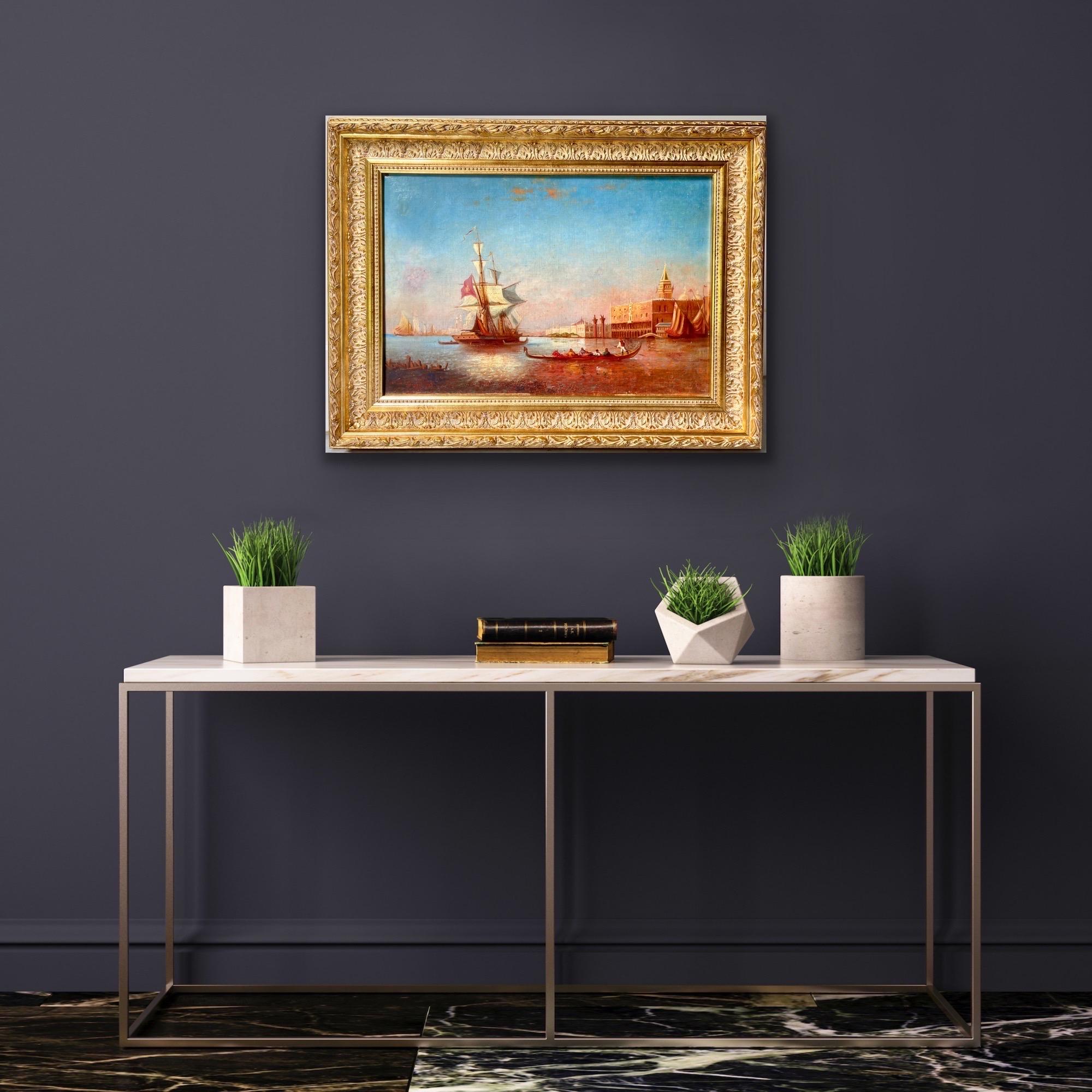 Lovely 19th century romantic cityscape painting of Venice

With vibrant colors and swift brushstrokes, the artist of the present painting wonderfully captured a large boat departing from the bustling city of Venice on a beautiful sunny day, in the