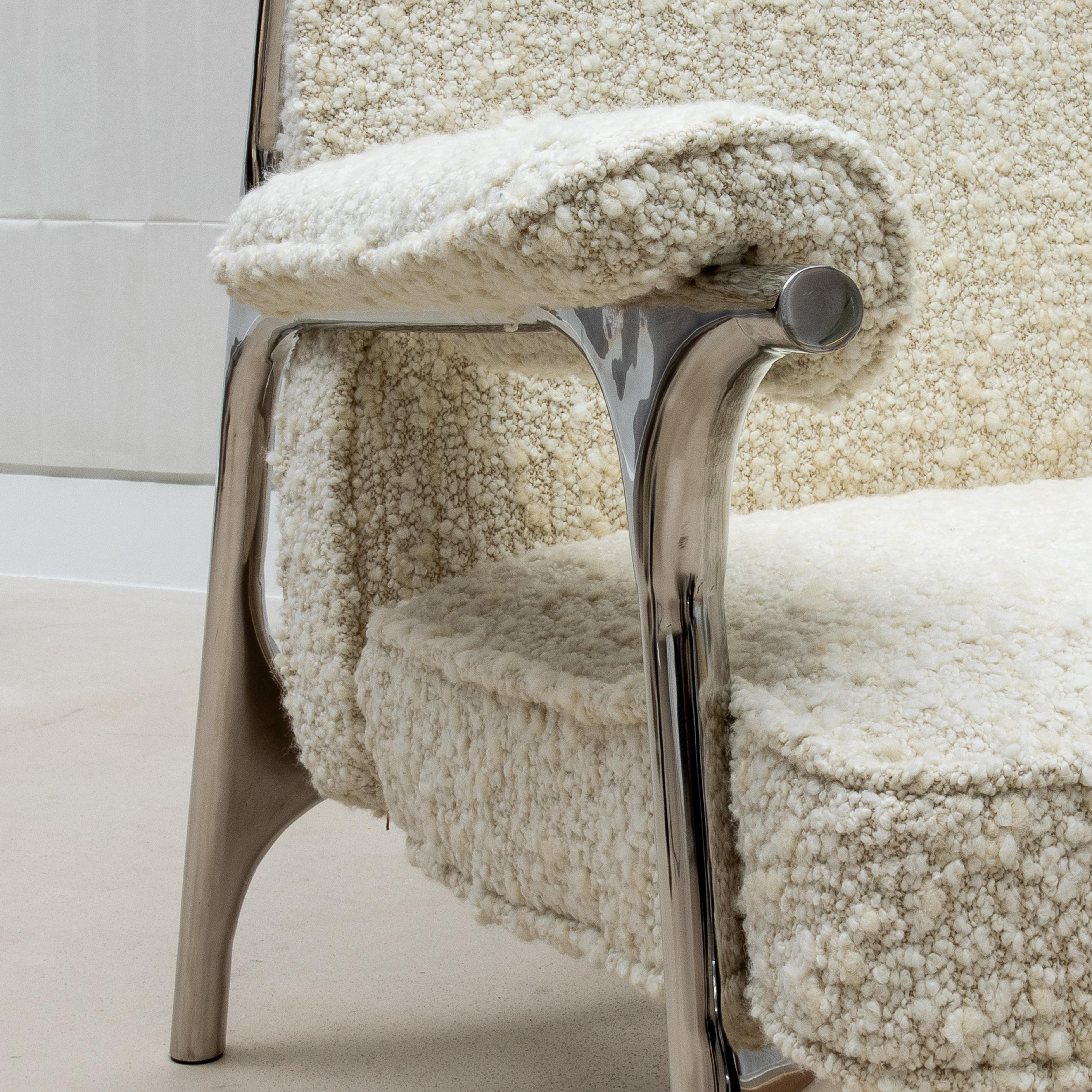 Bouclé Armchair with Polished Steel Accents by R&Y Augousti For Sale 4
