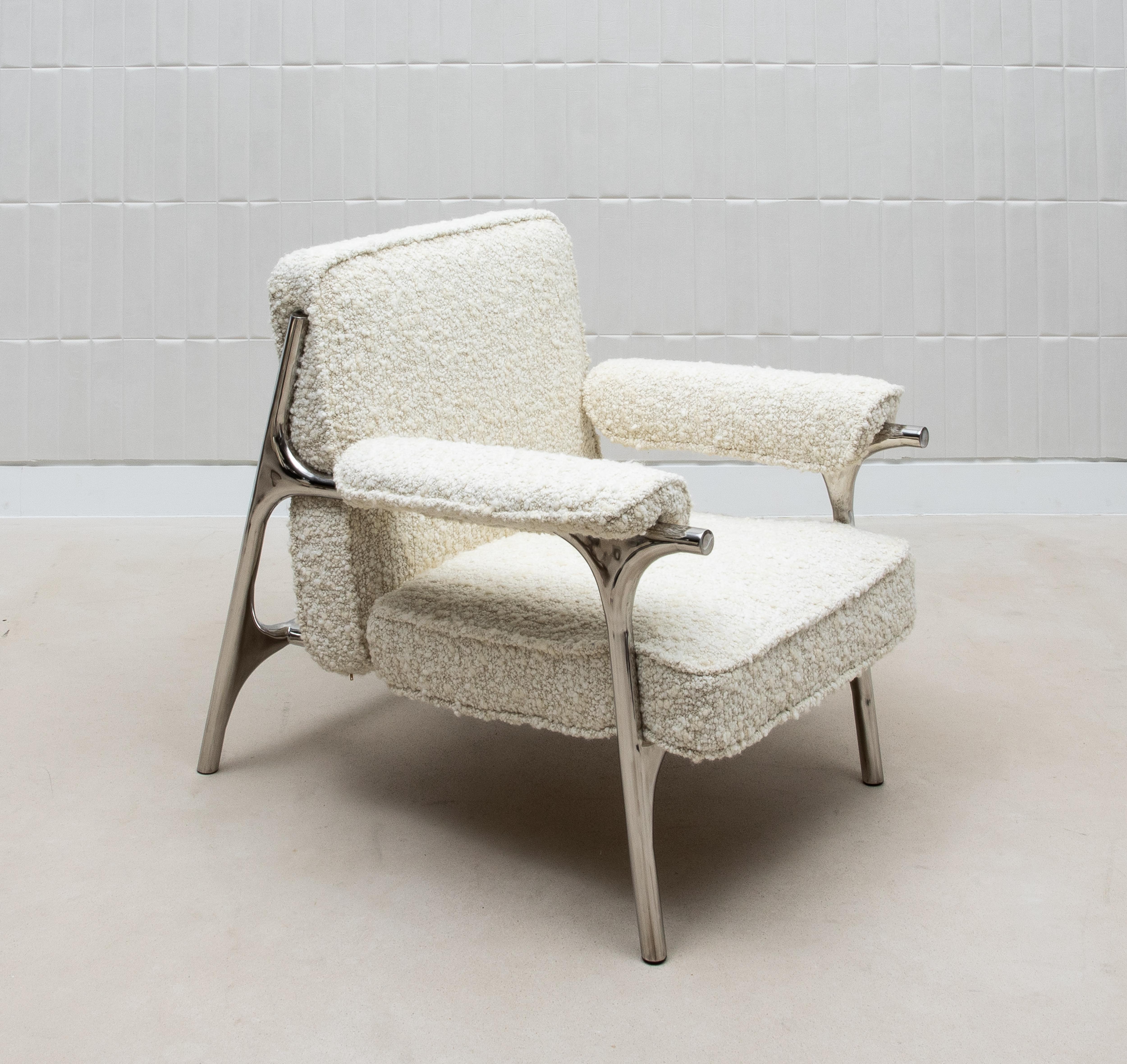 Art Deco Bouclé Armchair with Polished Steel Accents by R&Y Augousti For Sale