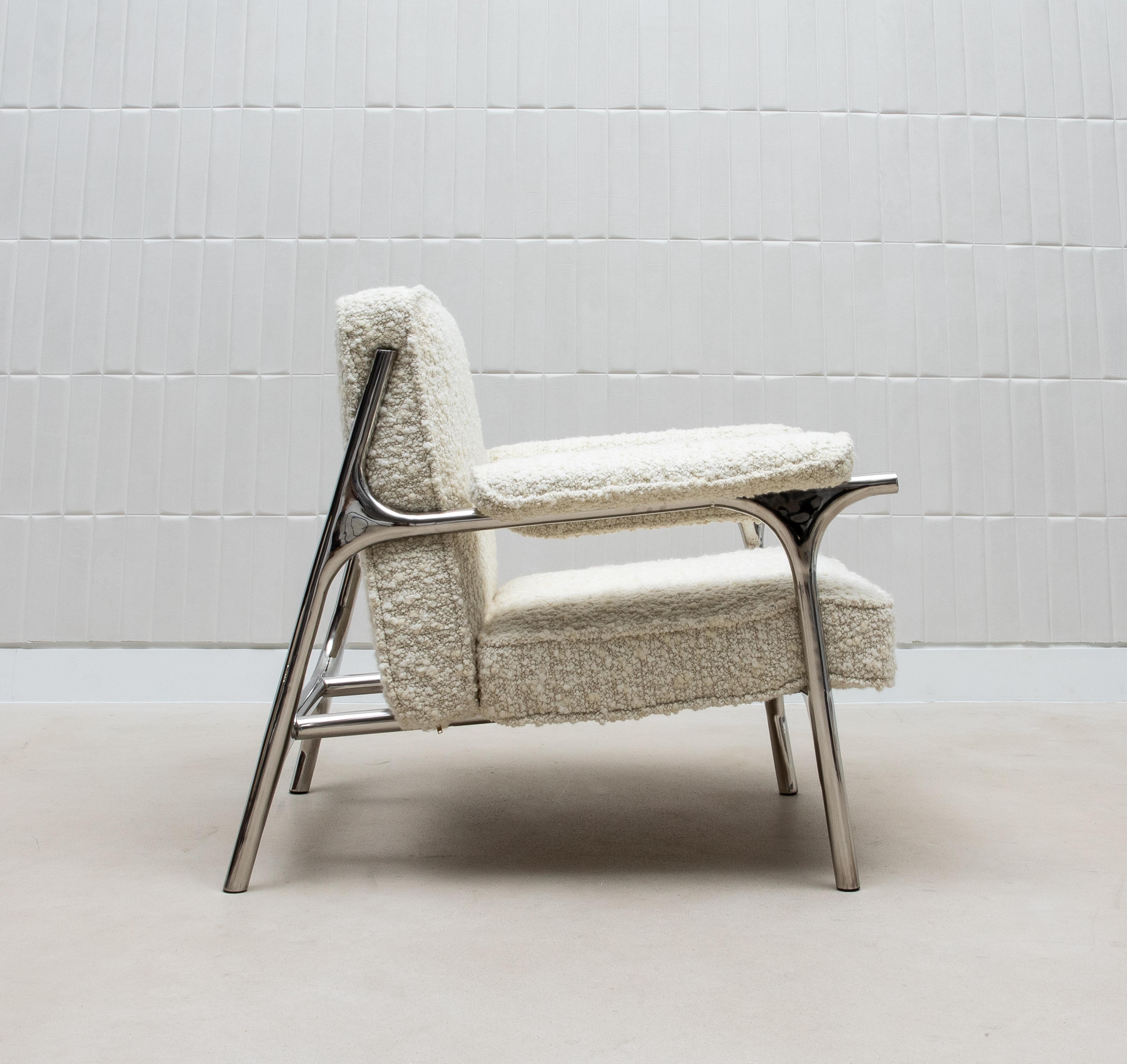 Hand-Crafted Bouclé Armchair with Polished Steel Accents by R&Y Augousti For Sale