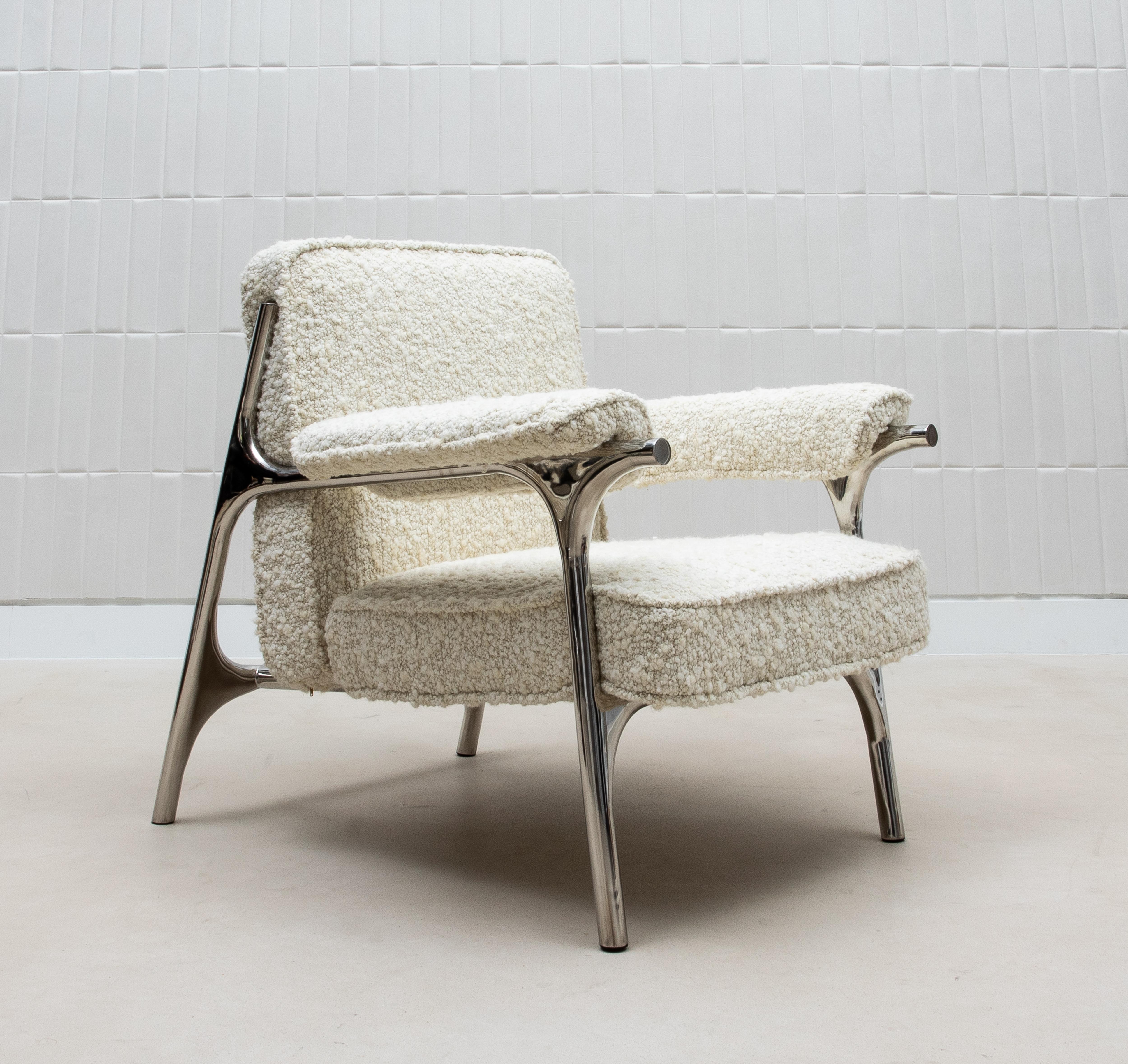 Bouclé Armchair with Polished Steel Accents by R&Y Augousti In New Condition For Sale In West Hollywood, CA