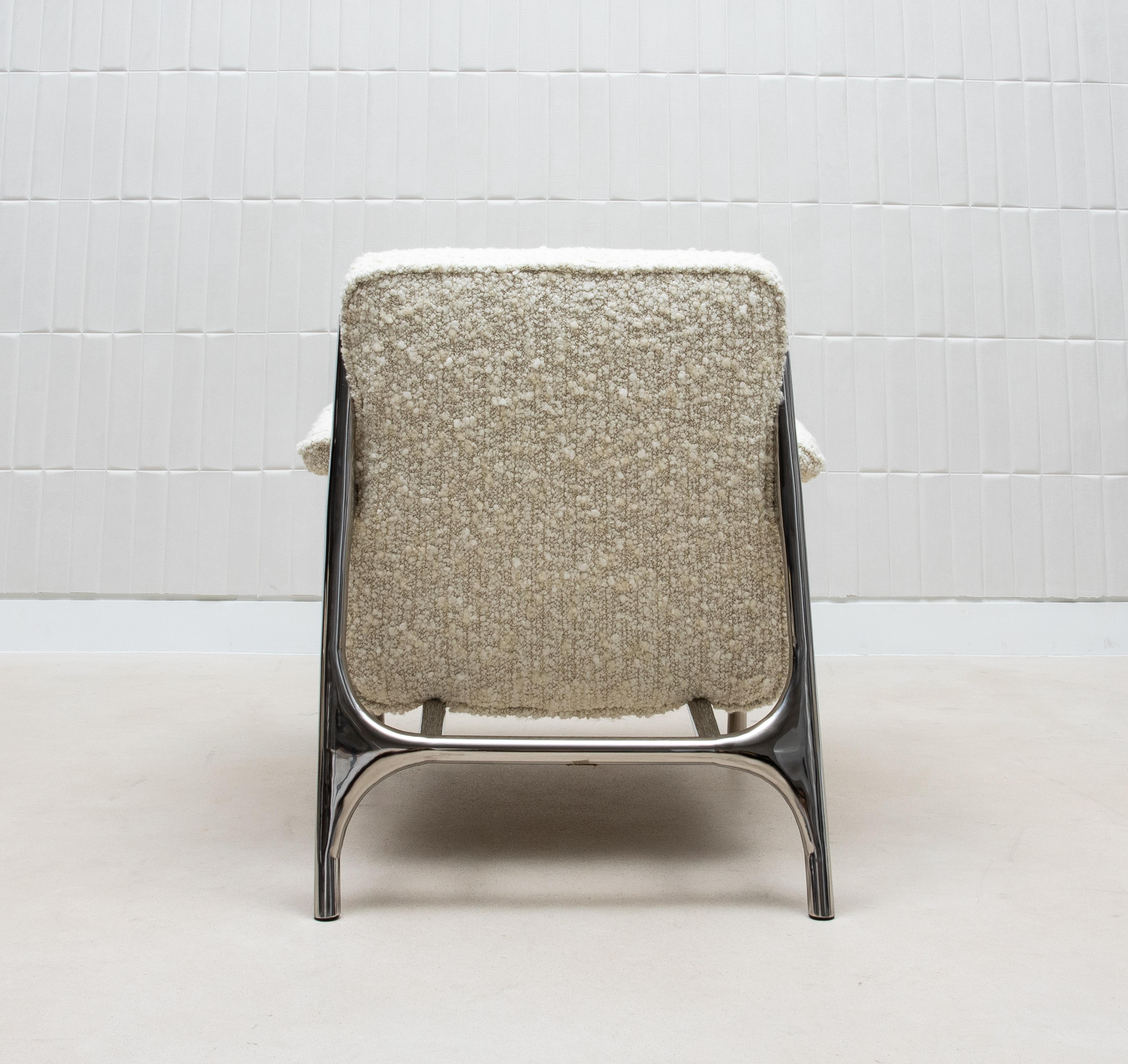 Stainless Steel Bouclé Armchair with Polished Steel Accents by R&Y Augousti For Sale