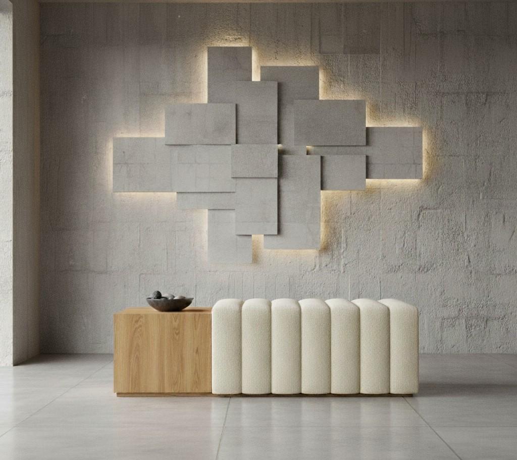 Modern Boucle Bench with Built-In Oak Side Table By Mondo Design Studio For Sale