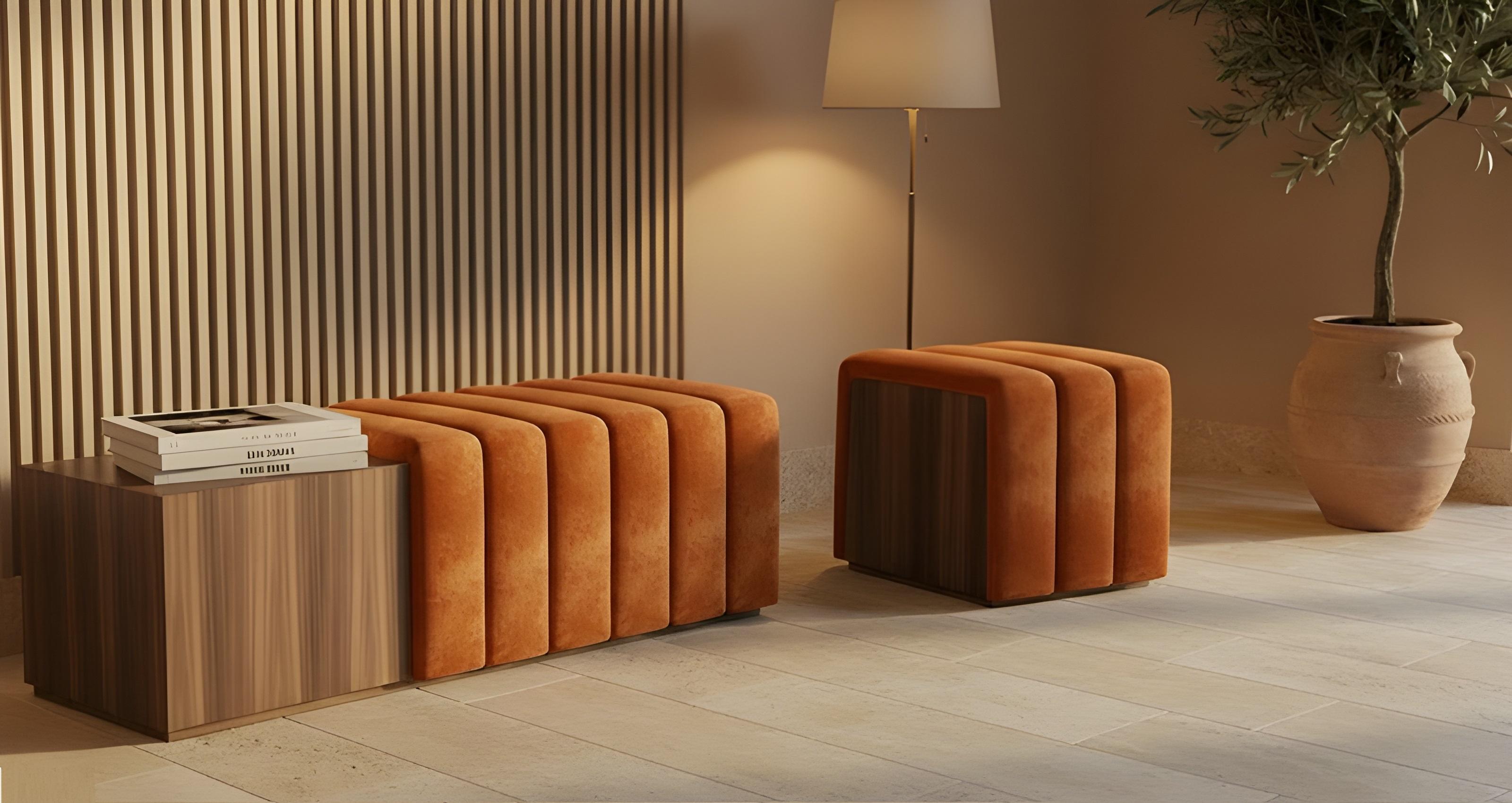 Portuguese Boucle Bench with Built-In Oak Side Table By Mondo Design Studio For Sale