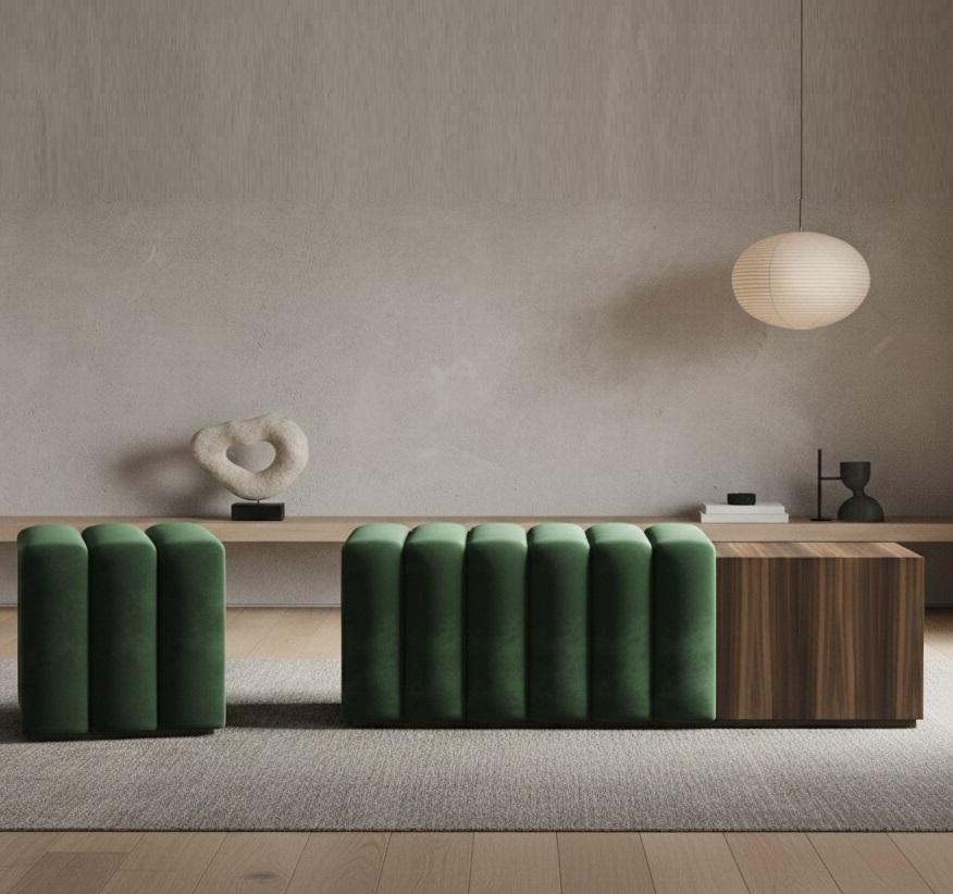 Hand-Crafted Boucle Bench with Built-In Oak Side Table By Mondo Design Studio For Sale
