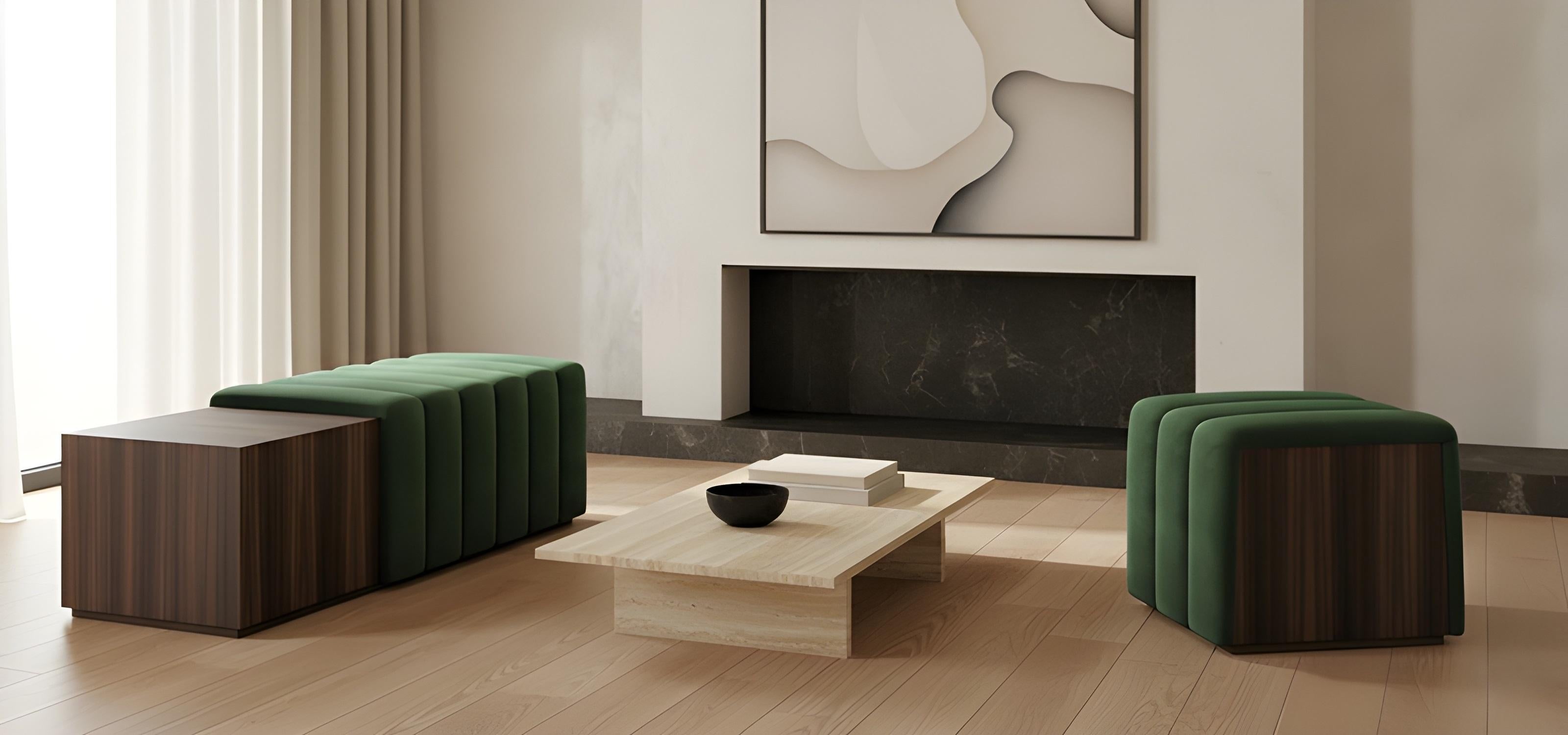 Boucle Bench with Built-In Oak Side Table By Mondo Design Studio In New Condition For Sale In NEW YORK, NY