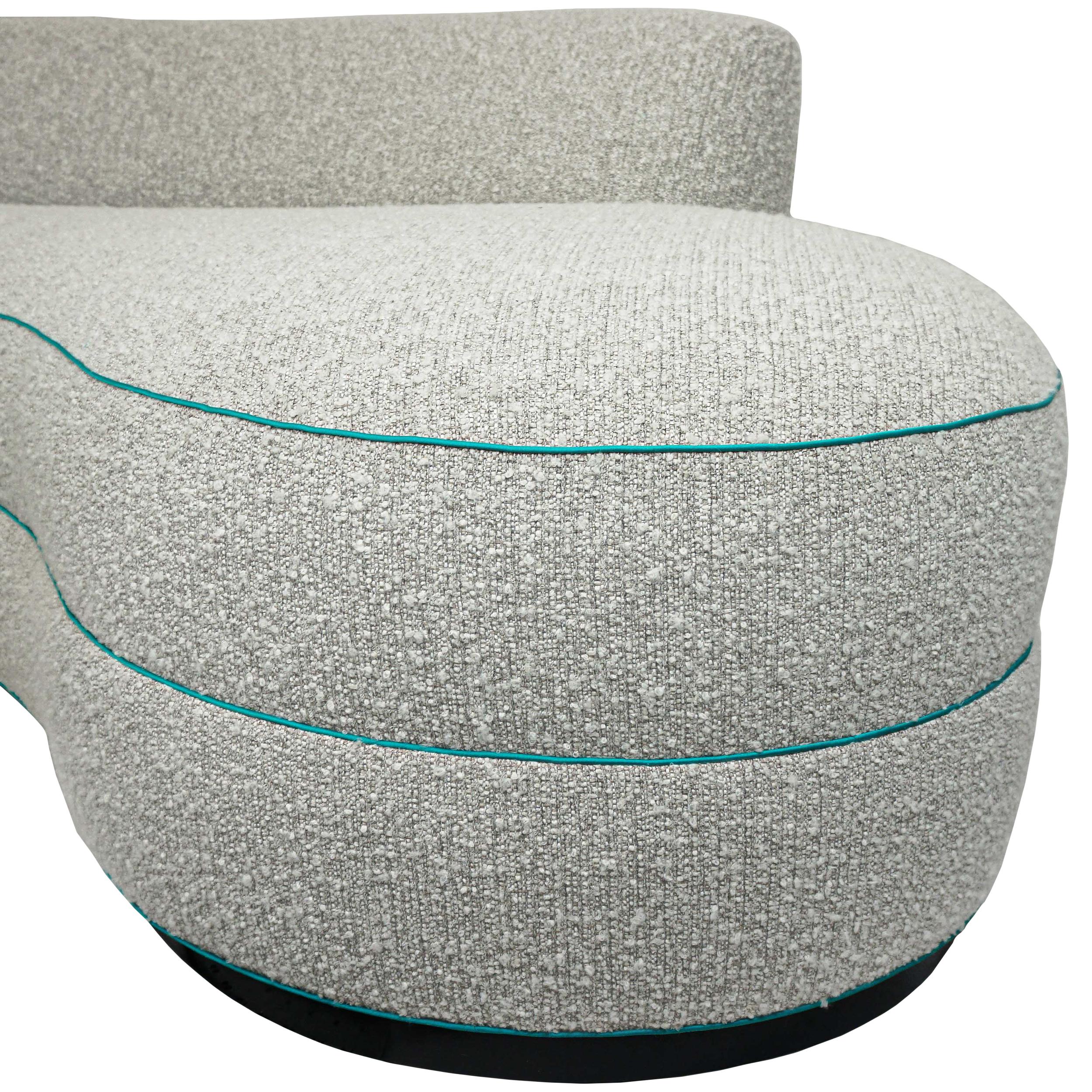 Modern Tight Seat Curved Sofa with Neutral Boucle and Contrast Welting For Sale 10
