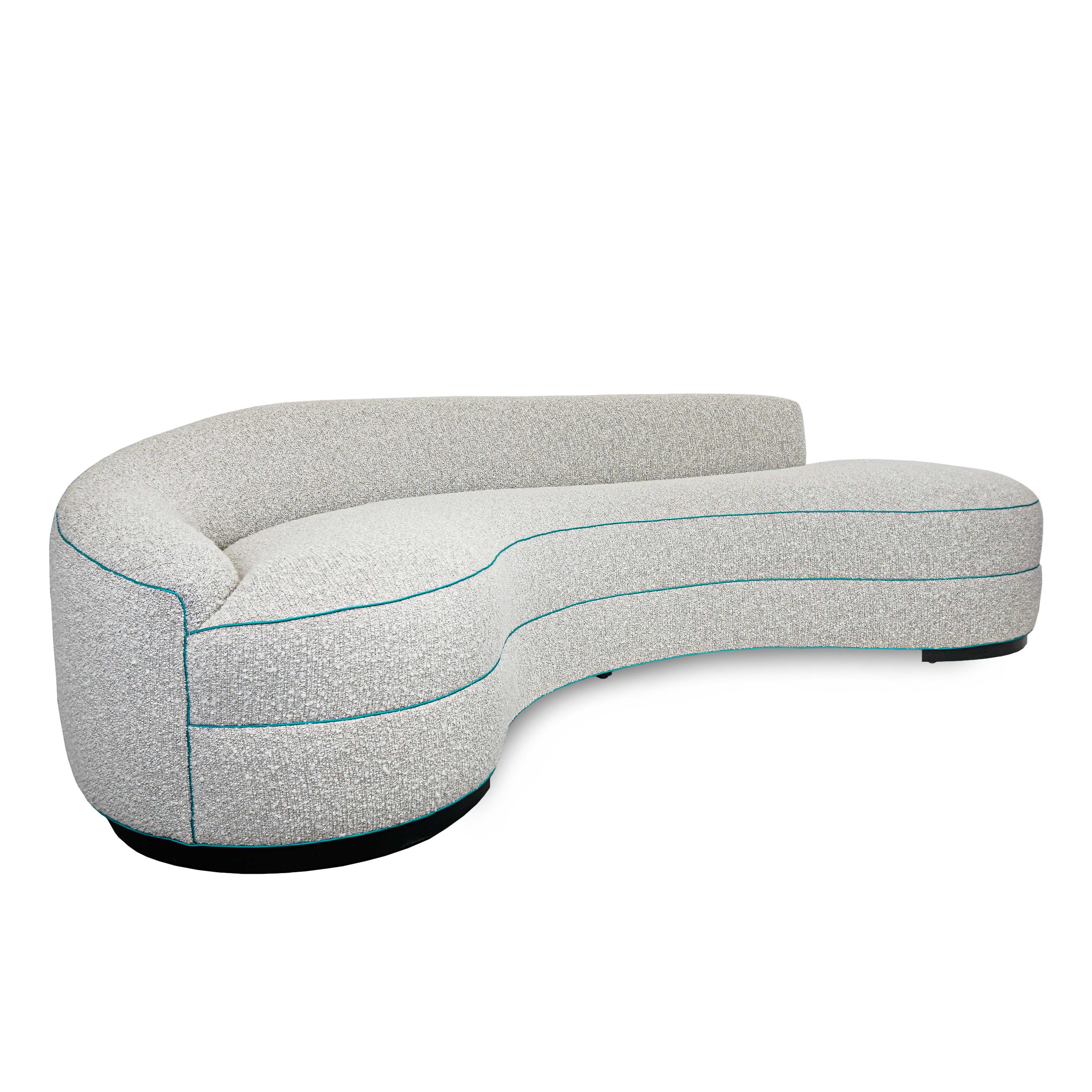 Contemporary Modern Tight Seat Curved Sofa with Neutral Boucle and Contrast Welting For Sale