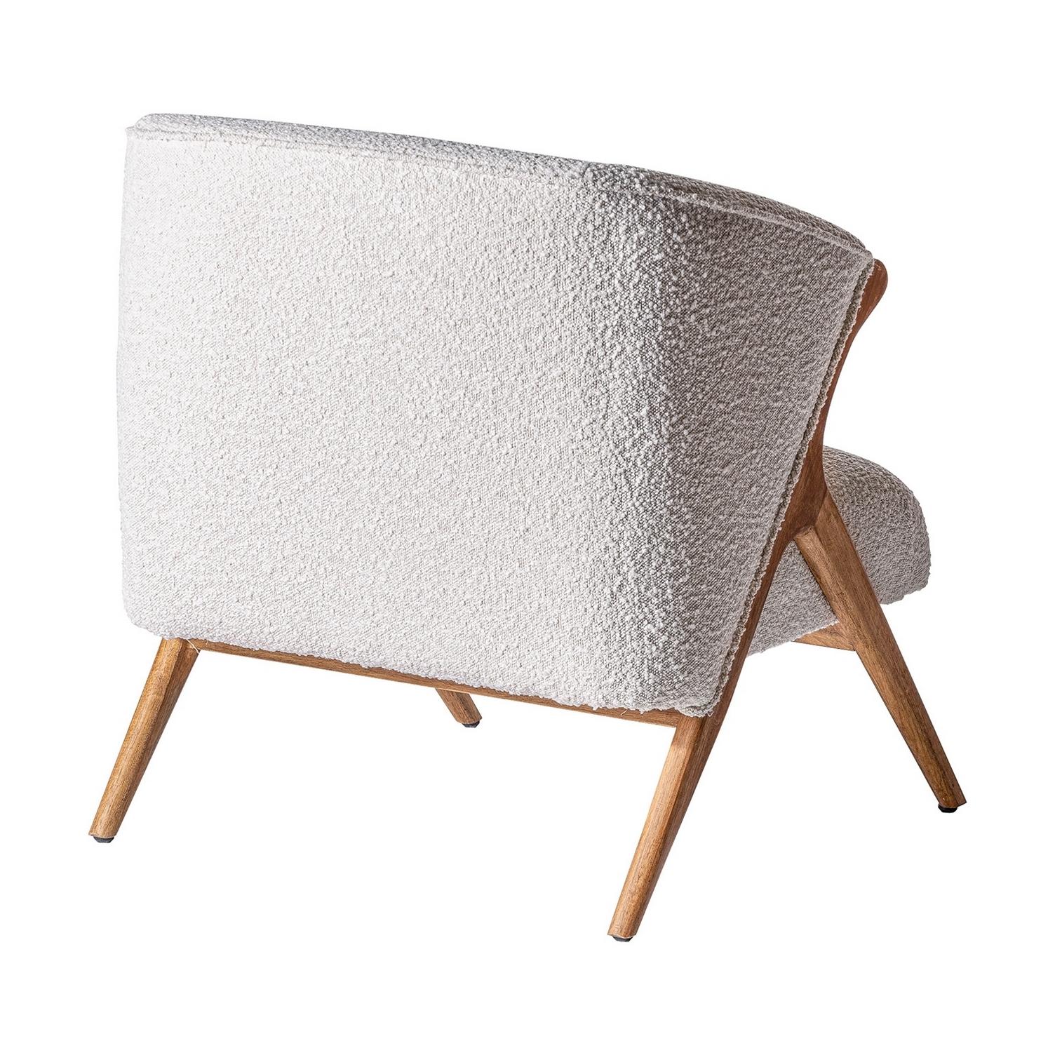 Wooden structure adorned with bouclé fabric lounge armchair in a Mid-Century Modern style.