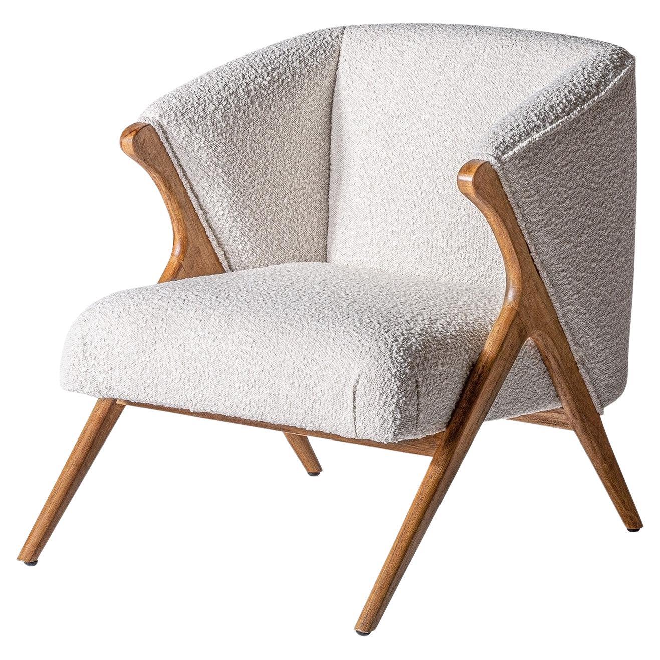 Bouclé Fabric and Wooden Armchair For Sale