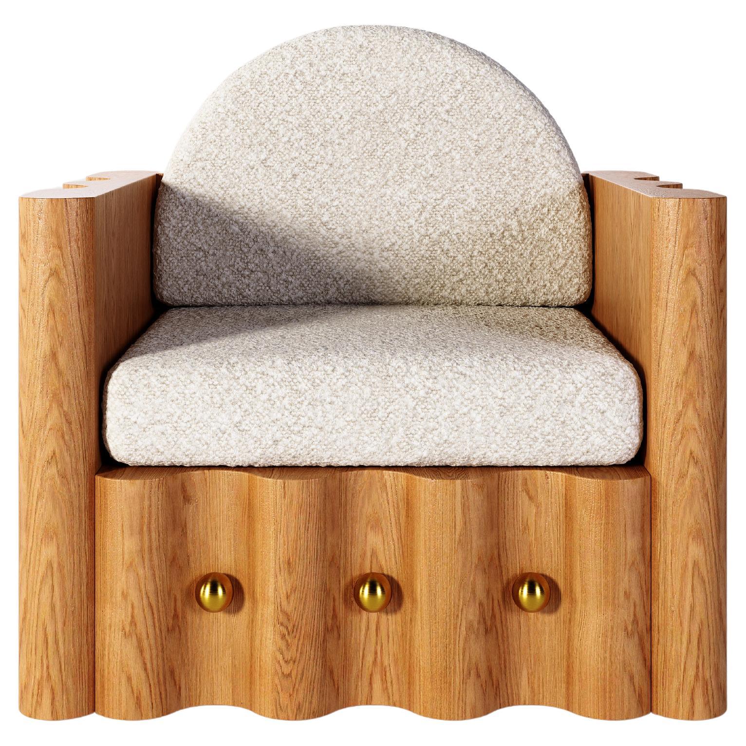 Boucle Fabric Light Brown Natural Oak Wood, Waveano Armchair By OMER OZTURK