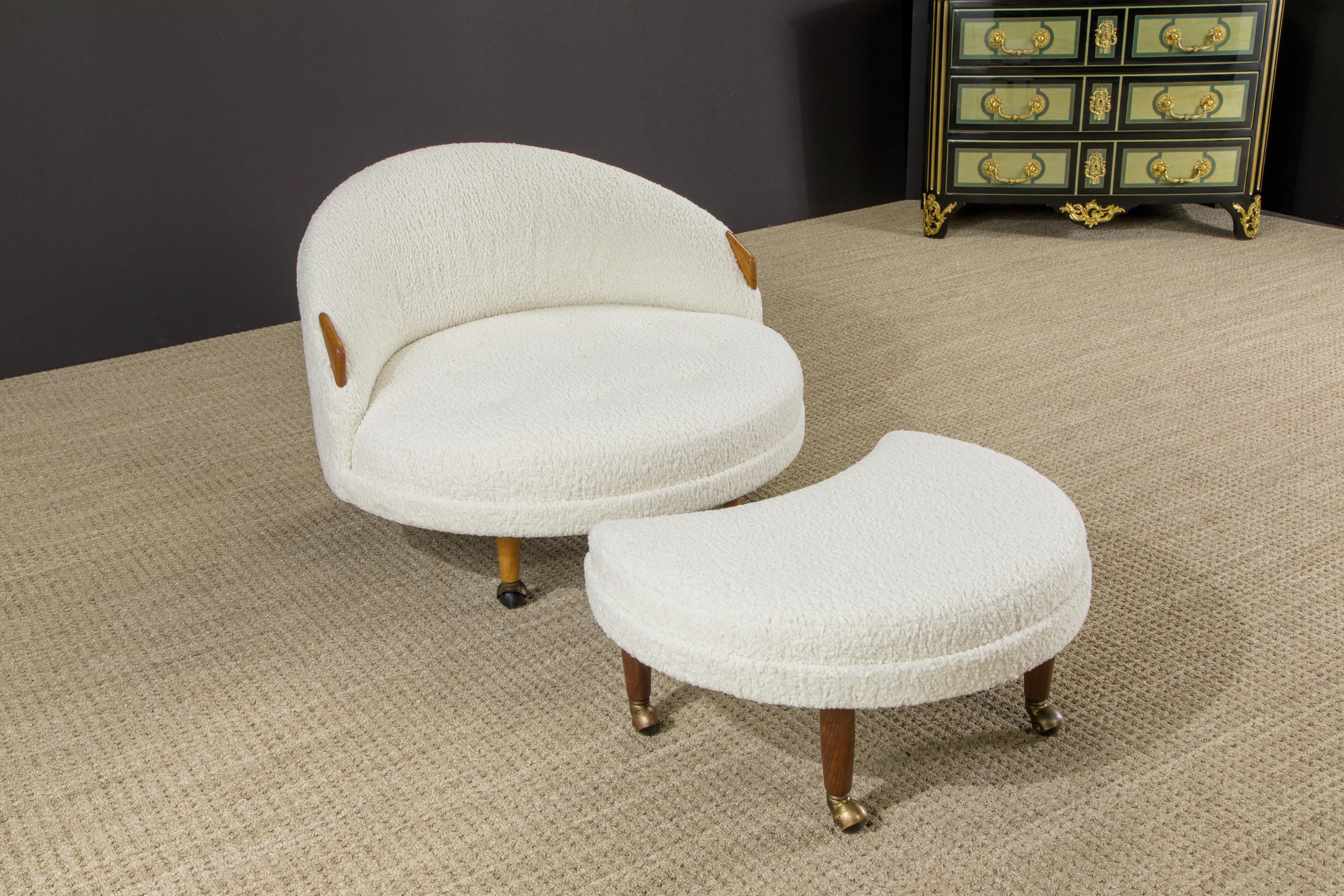 This large sized and spacious 'Havana' chair and ottoman by Adrian Pearsall was designed and produced in the 1960s. This gorgeous example features newly reupholstered bouclé fabric with button tufted seats, walnut arms and legs with brass casters.