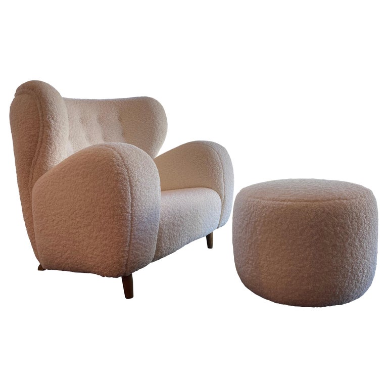Boucle Large Wing Armchair and Footstool at 1stDibs