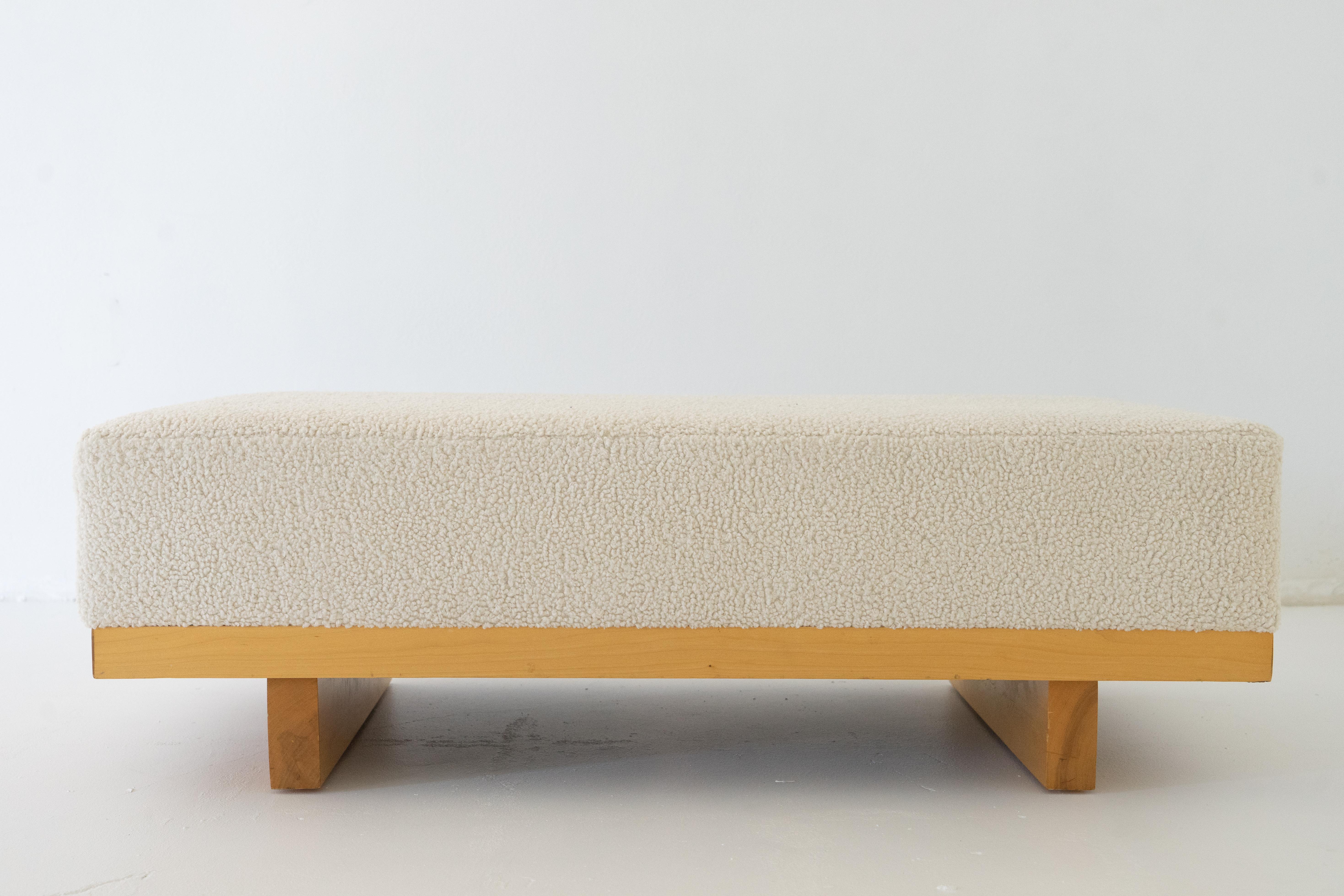 Beautiful Boucle and solid Maple ottoman bench by Thayer Coggin. 

Since 1953, Thayer Coggin has carved out a distinct identity in the home furnishings market through a commitment to timeless modern design. Through founder Thayer Coggin’s vision