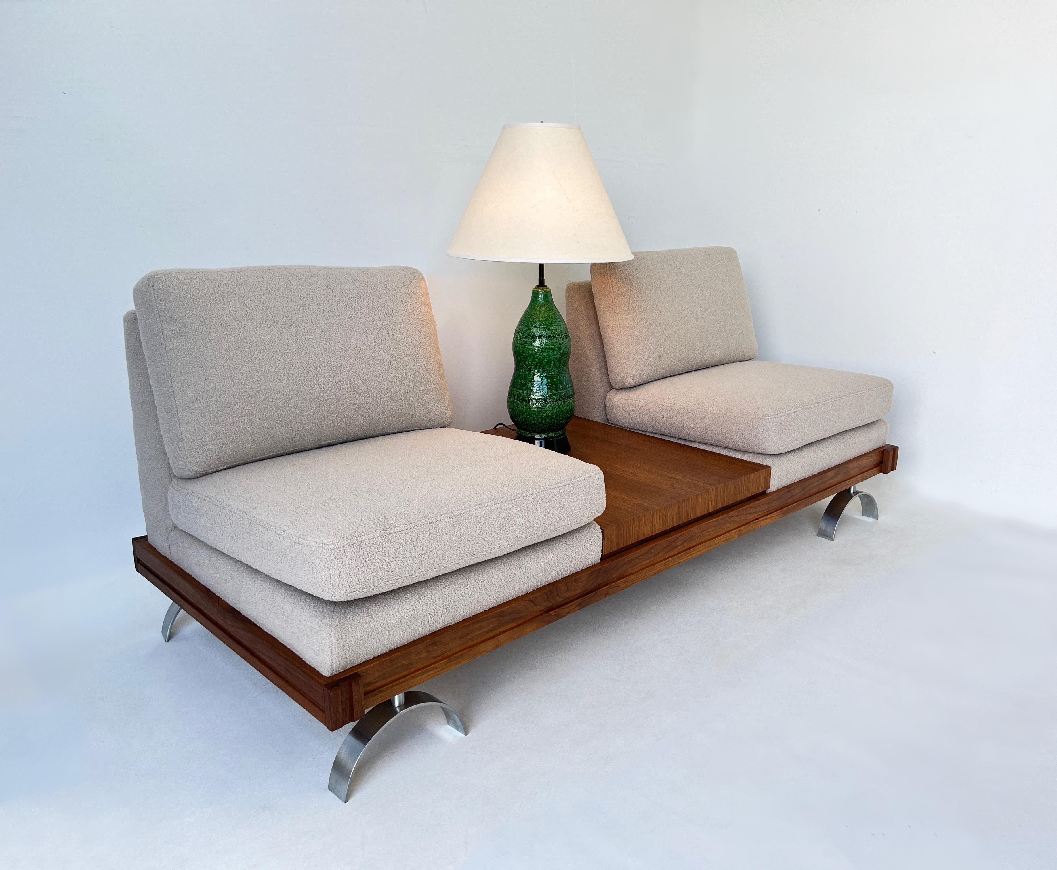 Mid-Century Modern Boucle, Walnut and Stainless Steel Sectional Sofa by Martin Borenstein