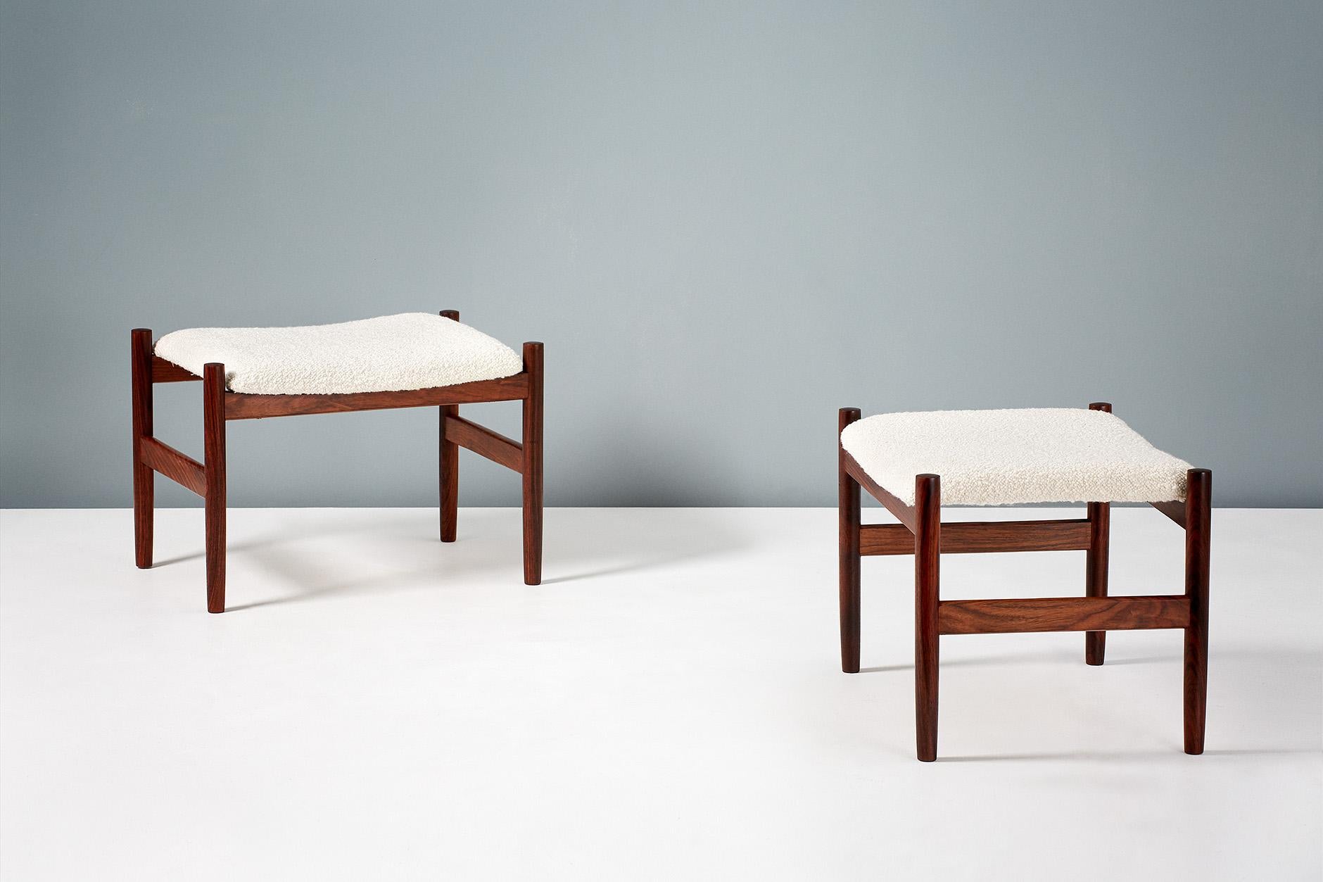 Pair of vintage stools by Danish producer Spottrup Mobler. Seats have been reupholstered in luxurious bouclé wool fabric. Produced circa 1960. Frames made from solid rosewood.