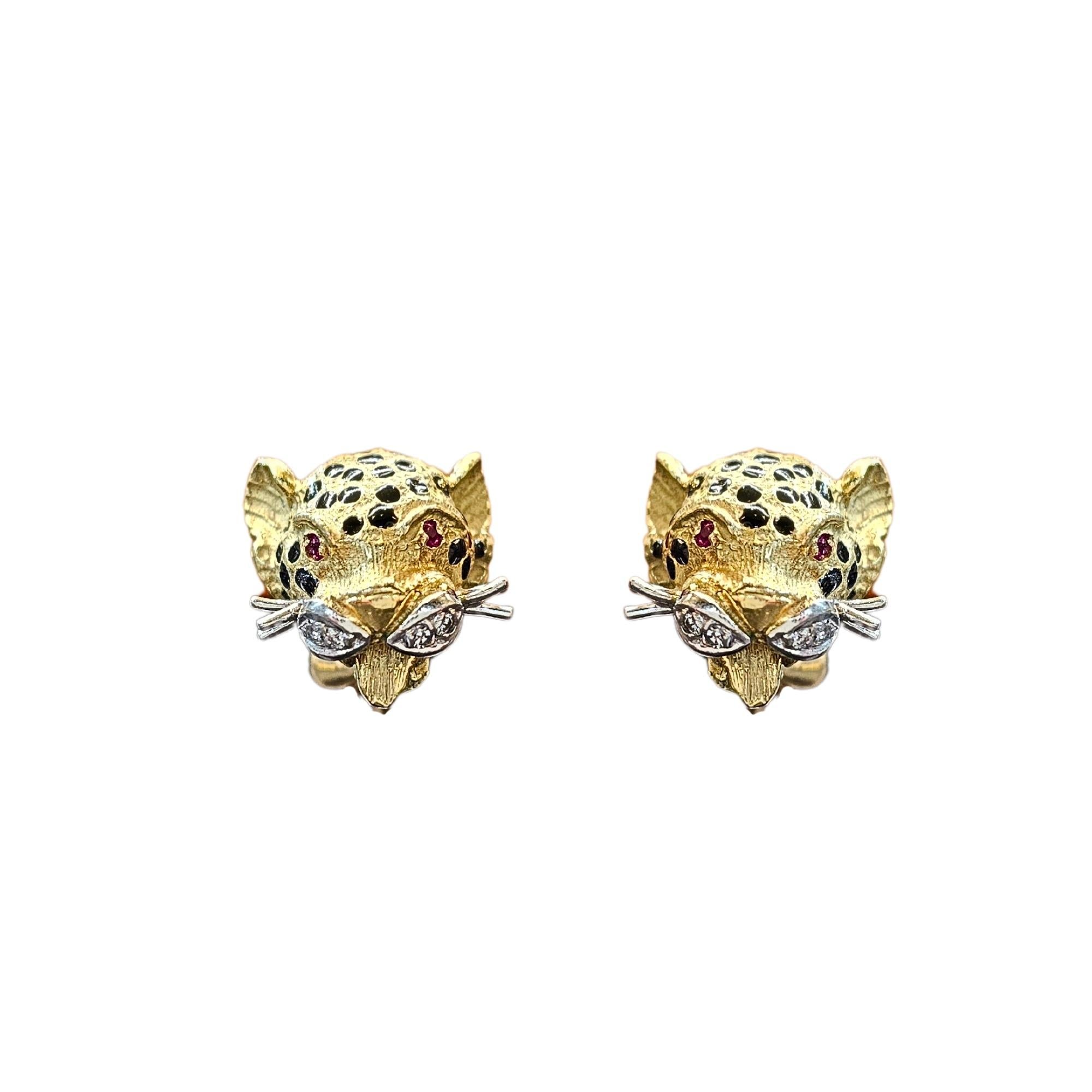 Boucles d'oreilles clip Léopards, en or jaune 18 carats diamants et rubis For Sale 1