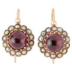Boucles d'oreilles dormeuses de la fin du 19ème siècle en or, grenat et perles