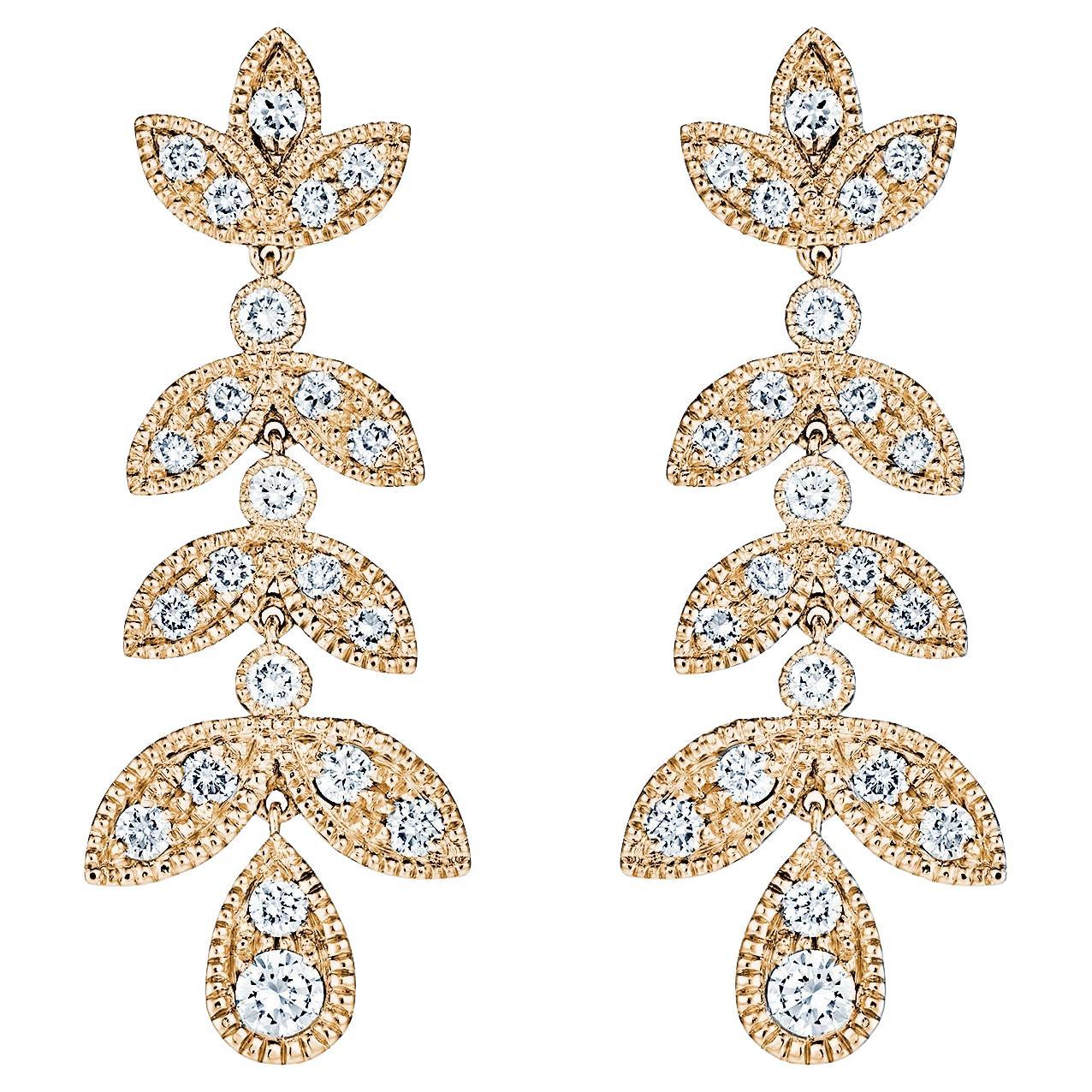 18k Yellow Gold Laurel Leaves Design Earrings Milgrain Set With Diamonds