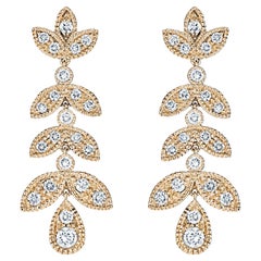 18k Yellow Gold Laurel Leaves Design Earrings Milgrain Set With Diamonds