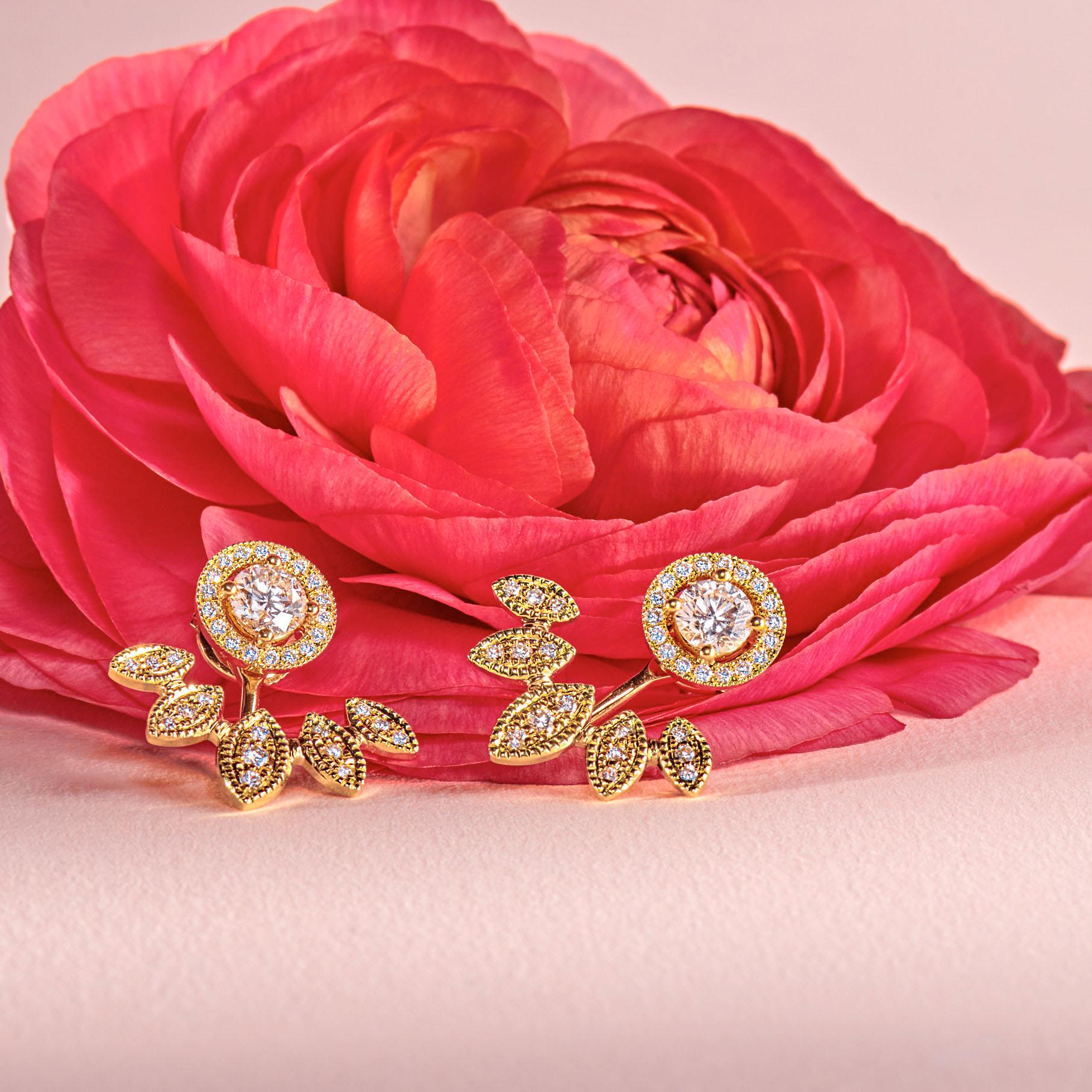 Classical Roman 18k Rose Gold Laurel Leaf Design Earrings Milgrain Set With 0.55 Ct of Diamonds For Sale