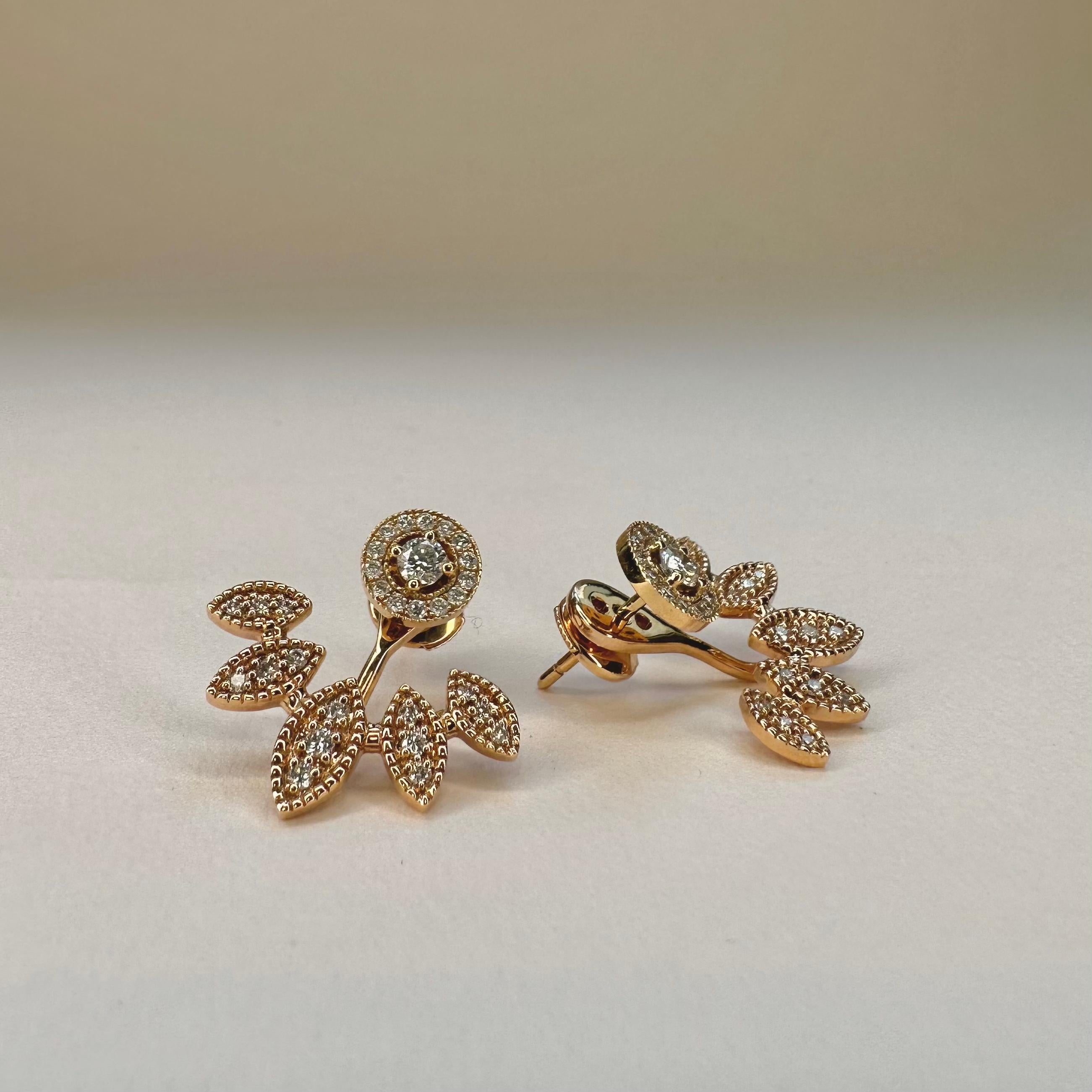 18k Rose Gold Laurel Leaf Design Earrings Milgrain Set With 0.55 Ct of Diamonds For Sale 1