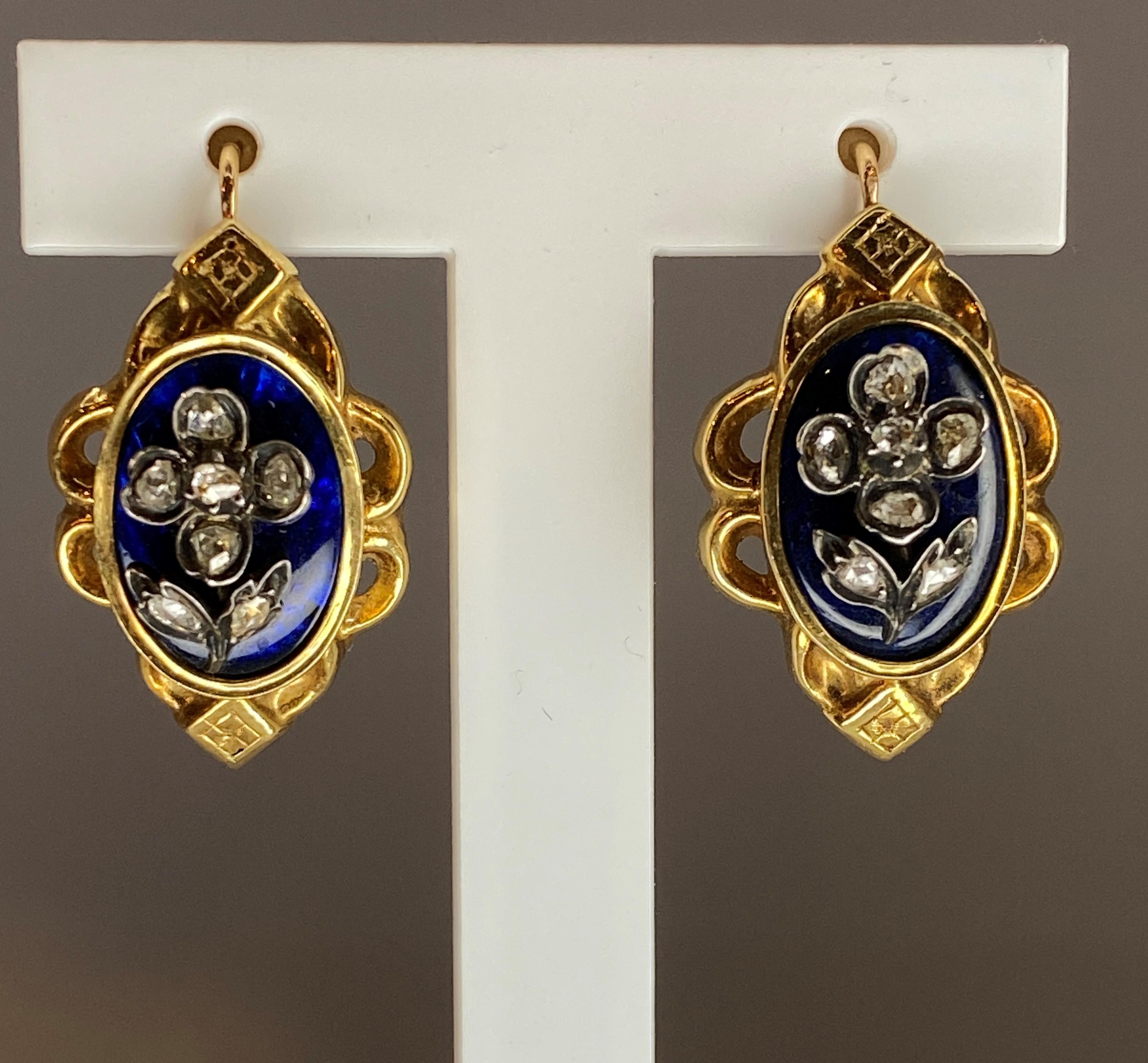 Boucles D’oreilles Et Broche En or 18 Carats, Émail Et Diamants, Napoléon III For Sale 2