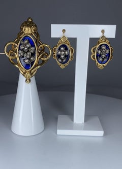 Boucles d'oreilles et broche en or 18 carats, émail et diamants, Napoléon III