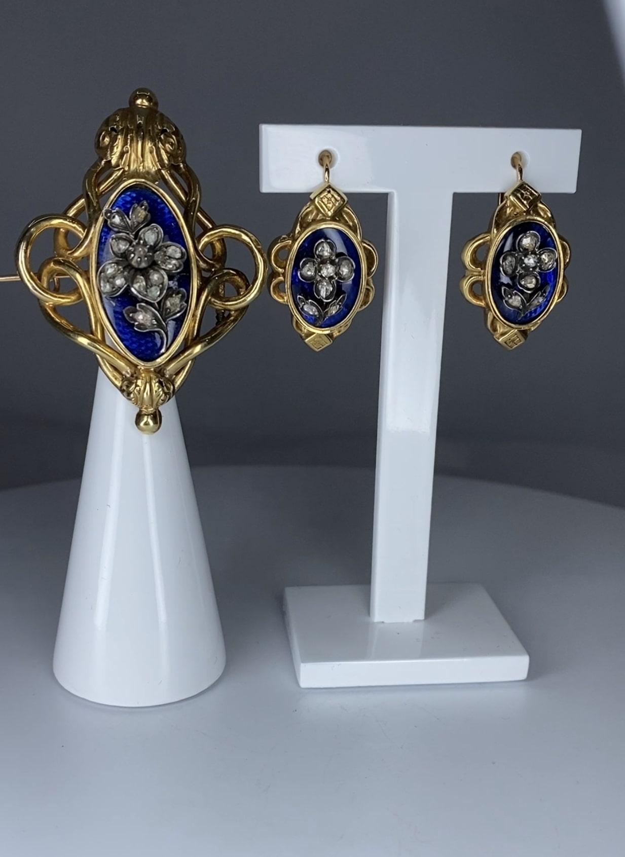 Napoleon III Boucles D’oreilles Et Broche En or 18 Carats, Émail Et Diamants, Napoléon III For Sale