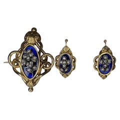 Boucles d'oreilles et broche en or 18 carats, émail et diamants, Napoléon III