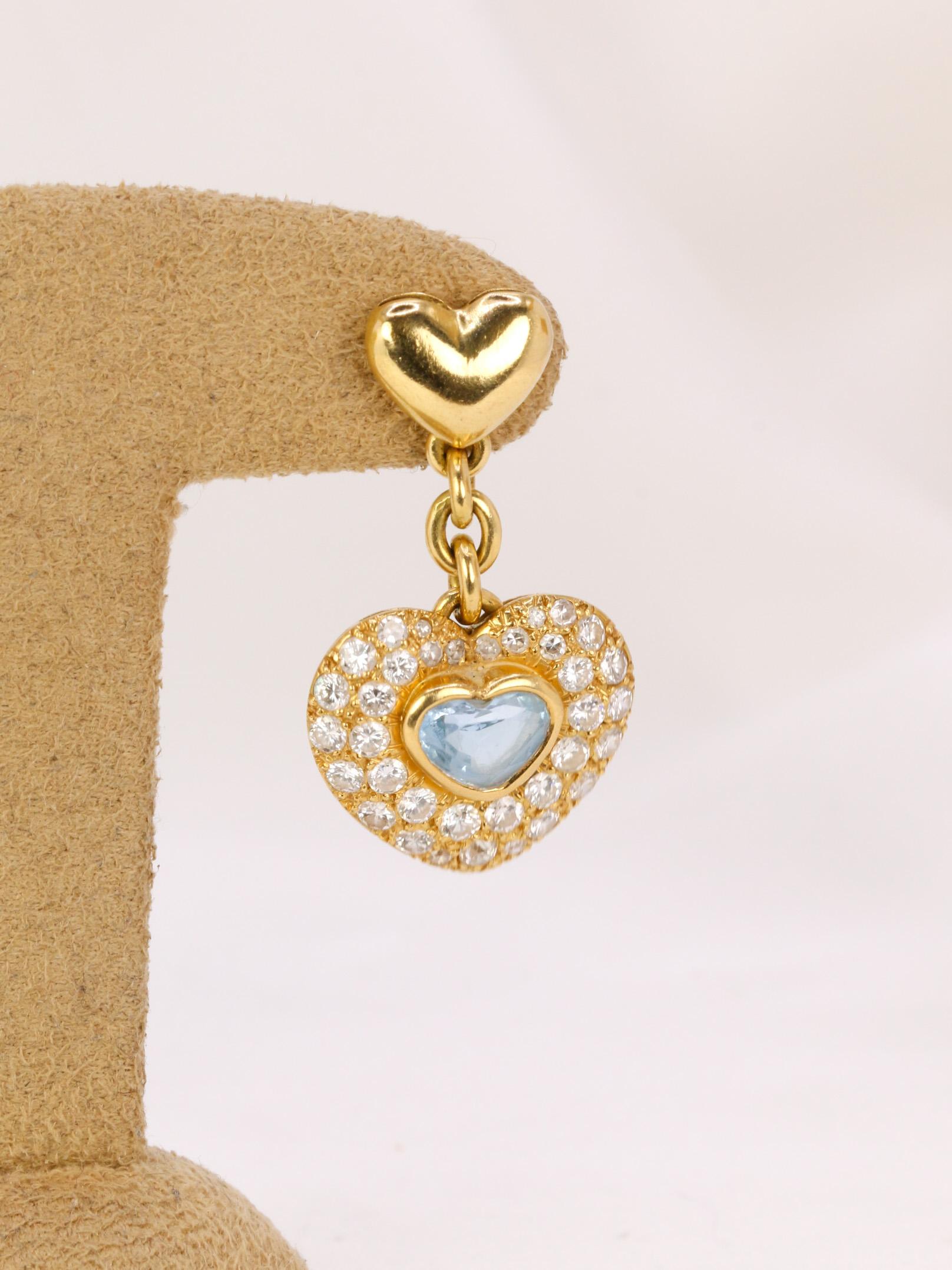 Women's Boucles d'oreilles pendantes coeur en or, diamants et aigue-marine For Sale