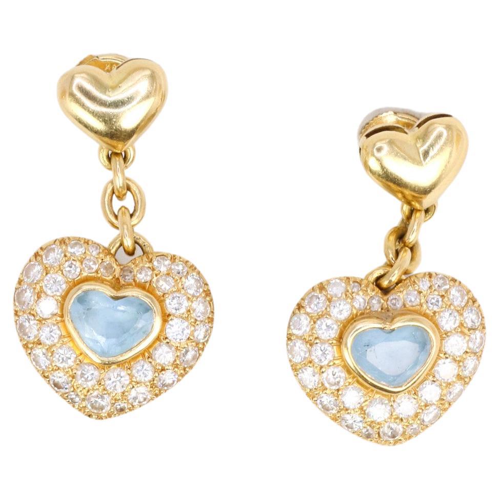 Boucles d'oreilles pendantes coeur en or, diamants et aigue-marine For Sale