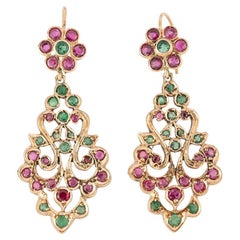 Boucles d'oreilles pendantes vintage en rubis et émeraudes