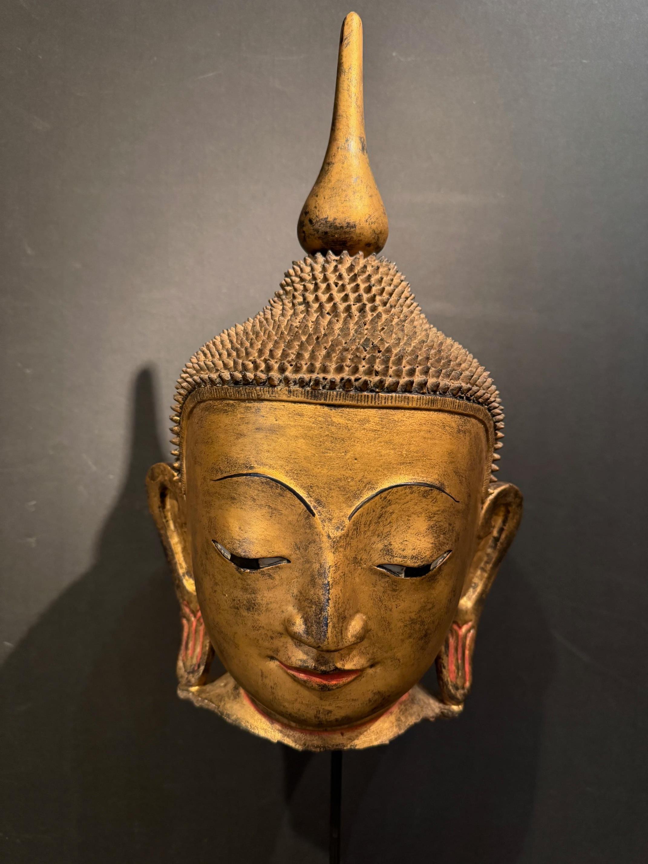 Beautiful Buddha head in gold-lacquered terra cotta with traces of polychromy, eyes half closed.
At the top of the fine curls, the ushnisha from which a flaming rasmi (stylized here) escapes, symbolizing the departure of the soul.
Terracotta, Burma
