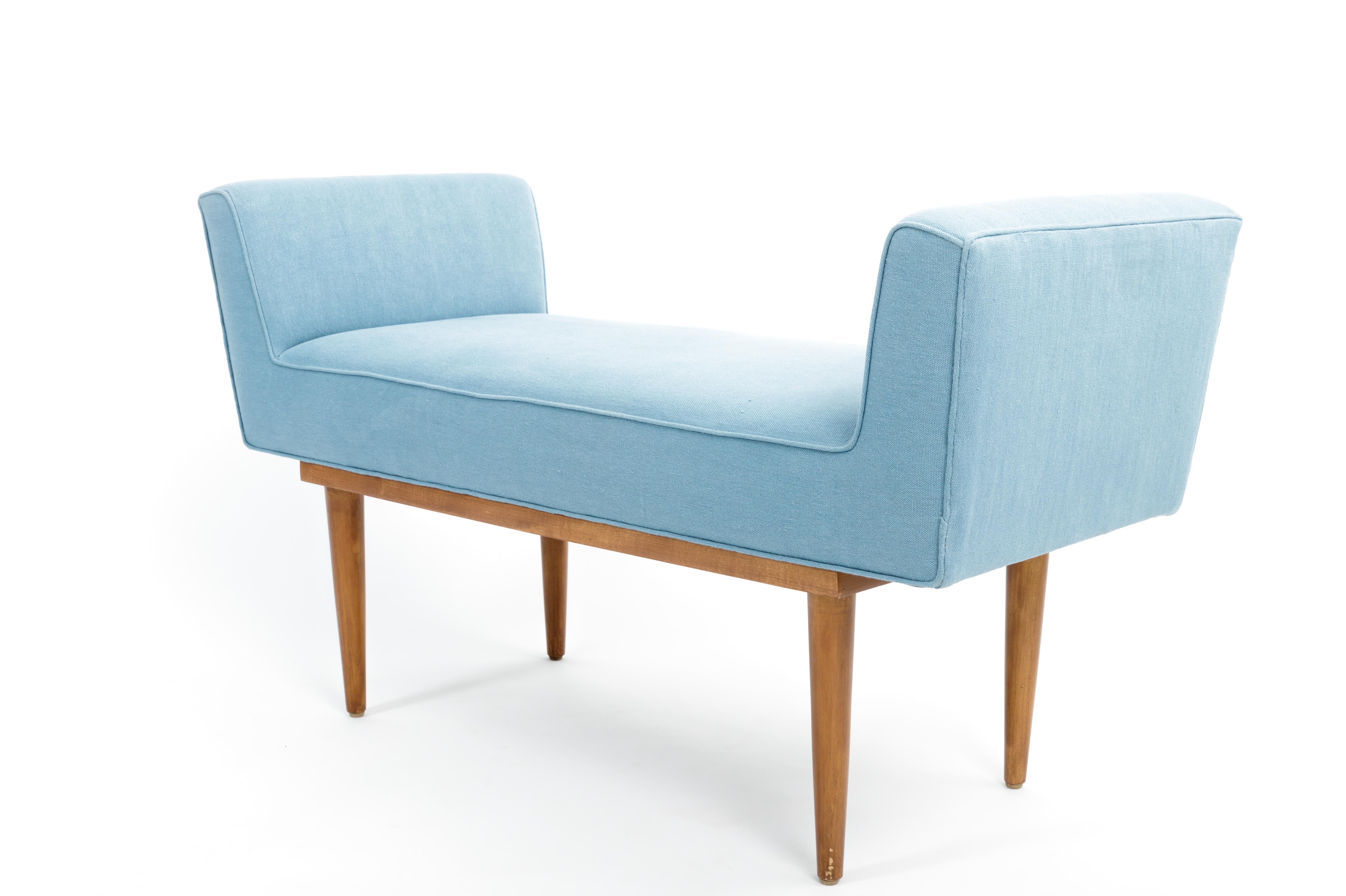 Mid-Century Boudoir Bench Upholstered in a Denim Blue Linen 2