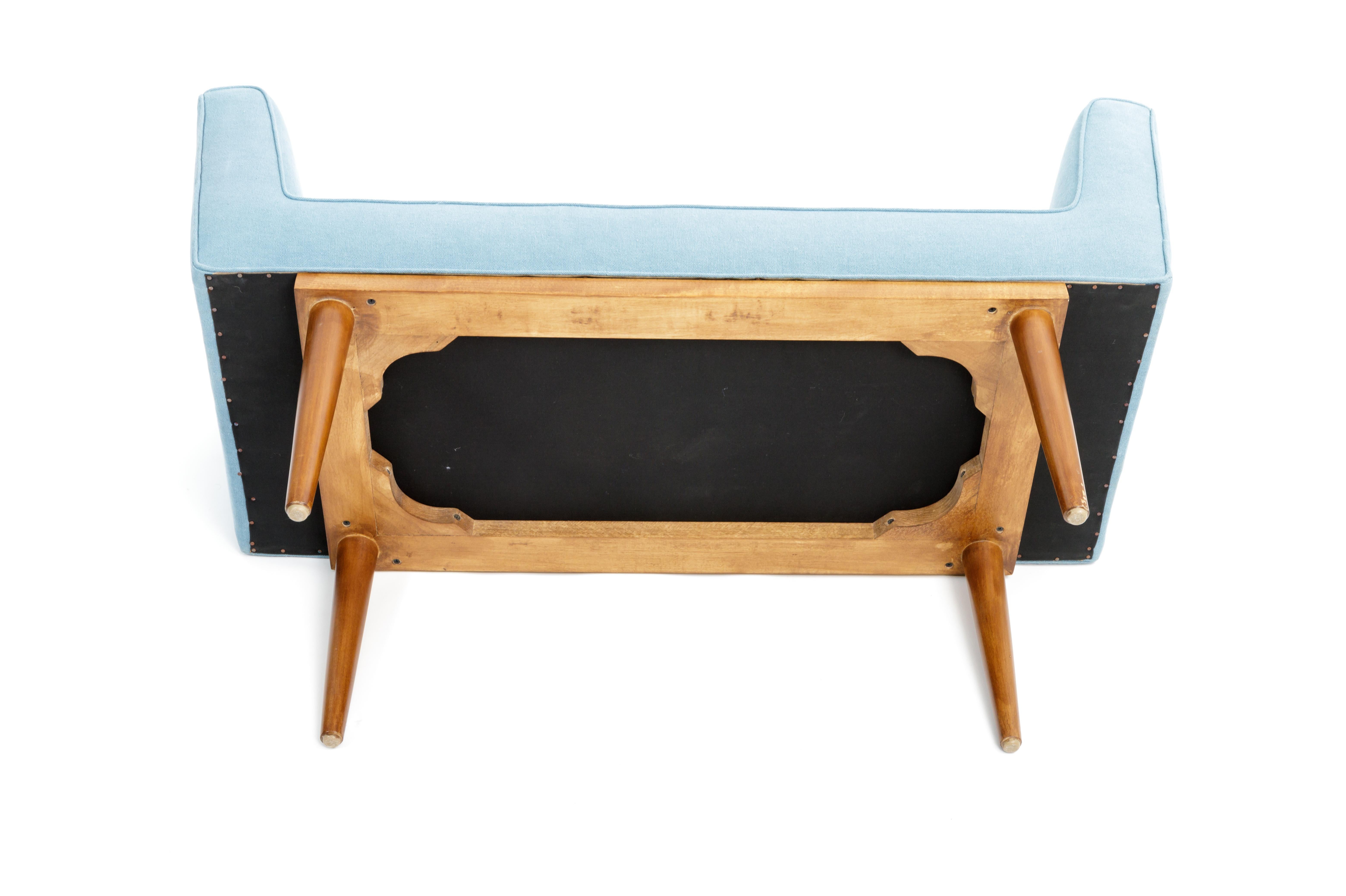 Mid-Century Boudoir Bench Upholstered in a Denim Blue Linen 4