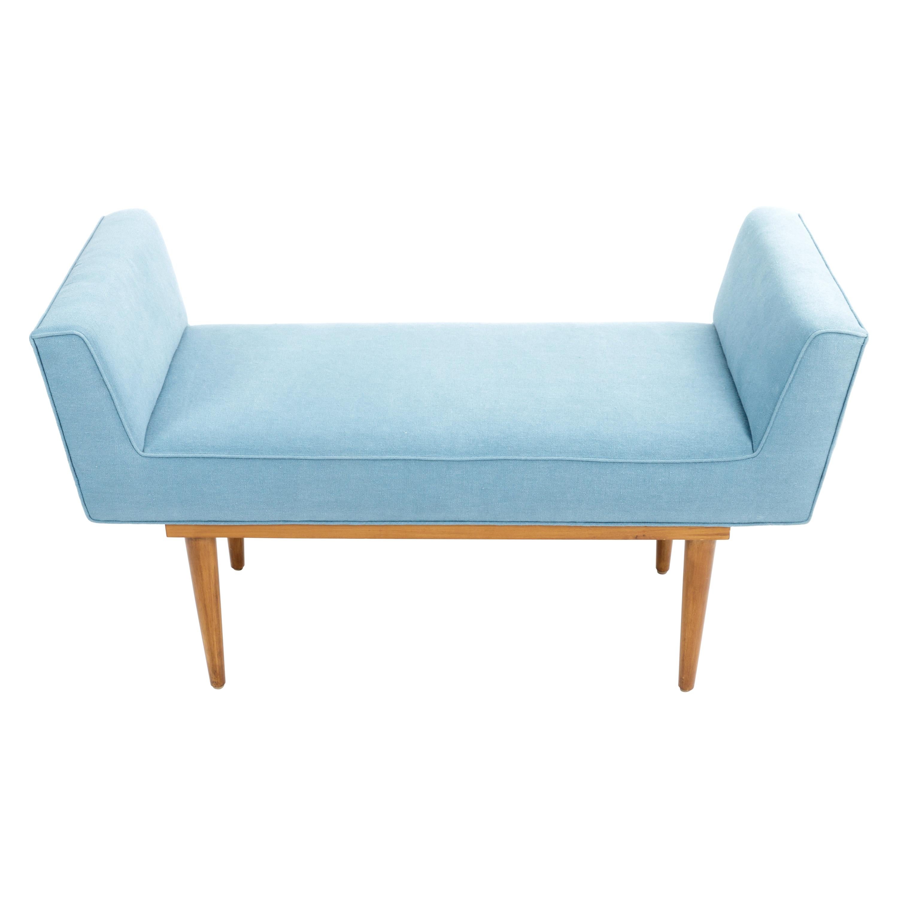 Mid-Century Boudoir Bench Upholstered in a Denim Blue Linen