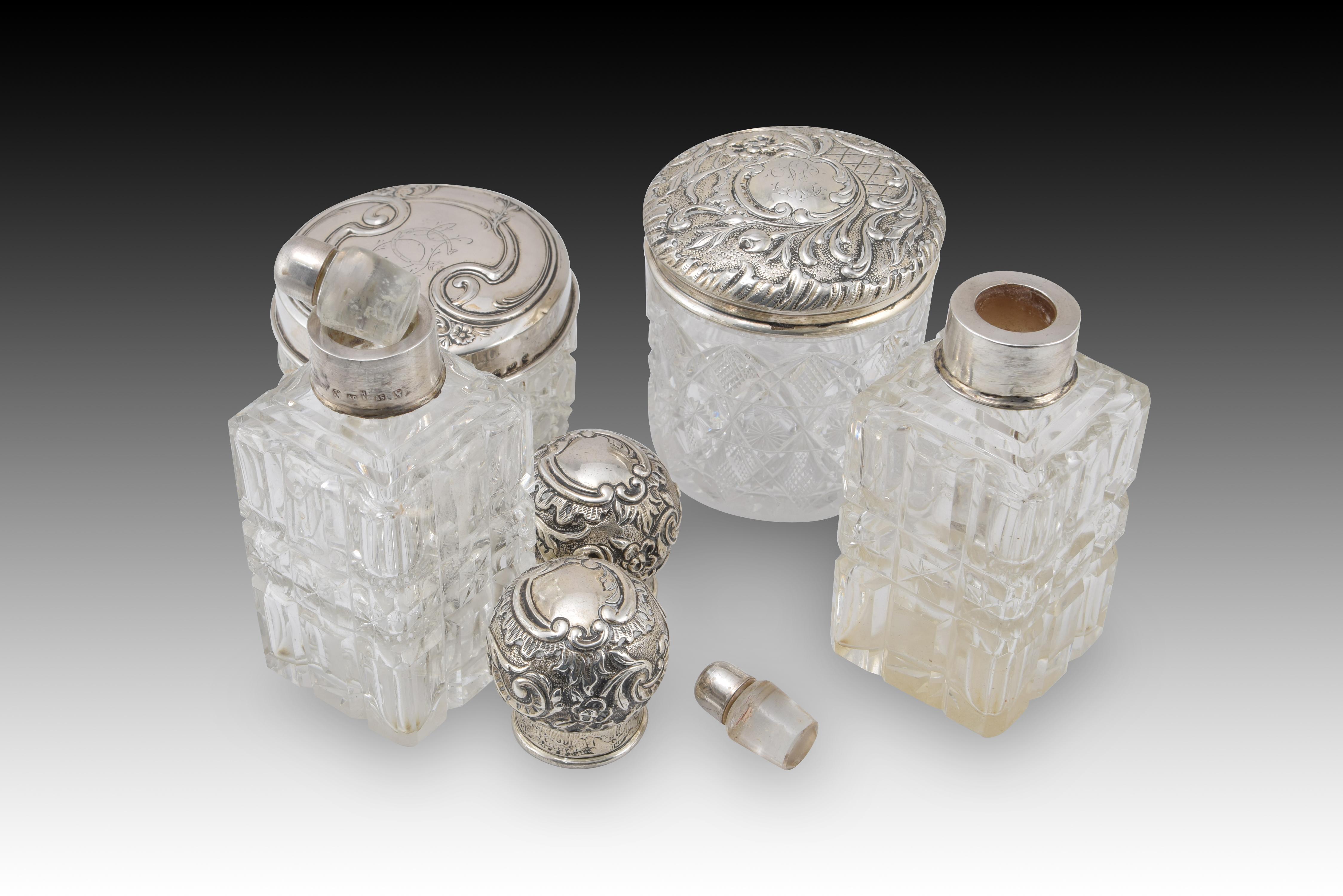 Boudoir jars set. Silver (800, etc.), glass. Spain and others, 20th century For Sale 4
