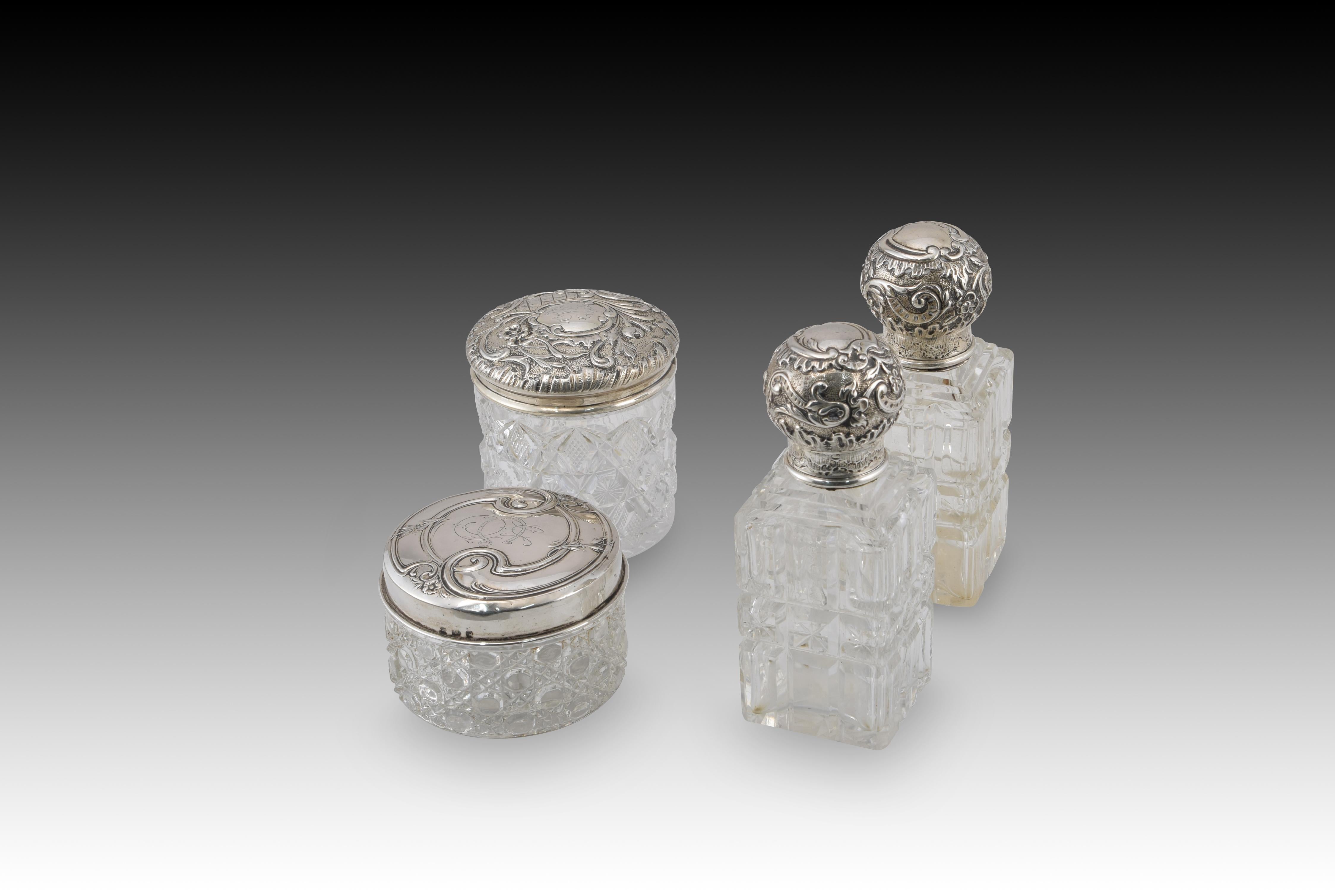 Neoclassical Revival Boudoir jars set. Silver (800, etc.), glass. Spain and others, 20th century For Sale