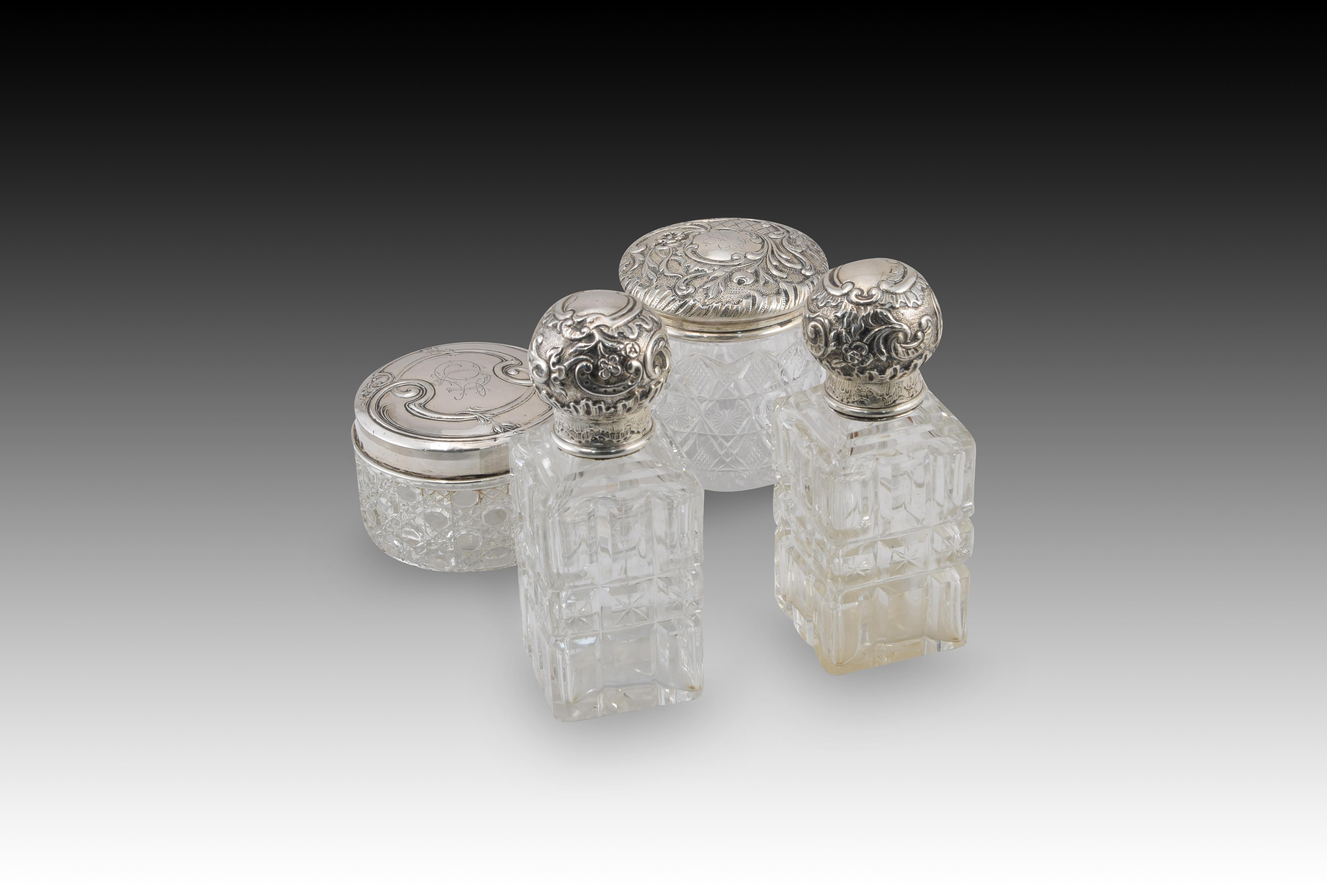 European Boudoir jars set. Silver (800, etc.), glass. Spain and others, 20th century For Sale