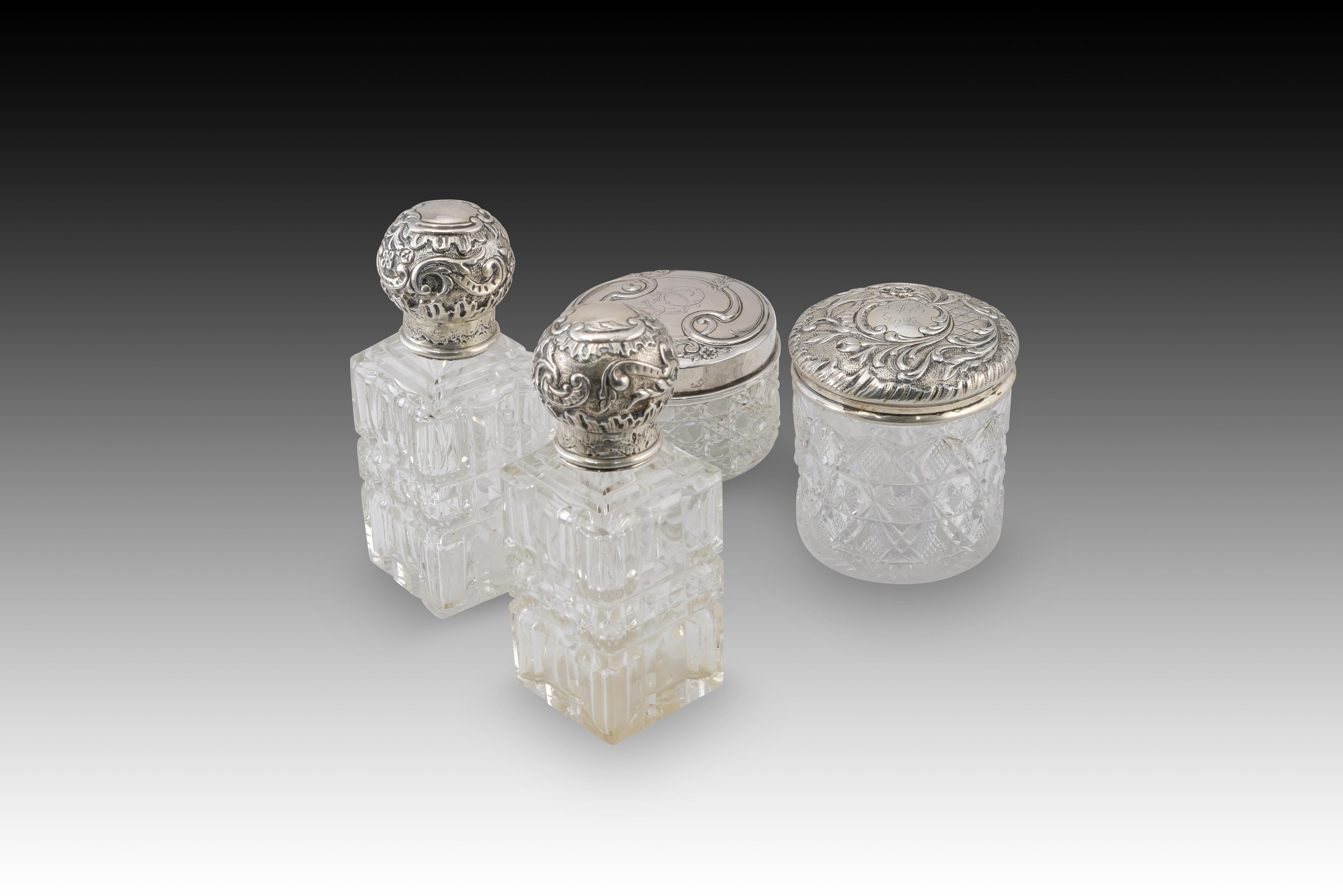 Boudoir jars set. Silver (800, etc.), glass. Spain and others, 20th century In Good Condition For Sale In Madrid, ES