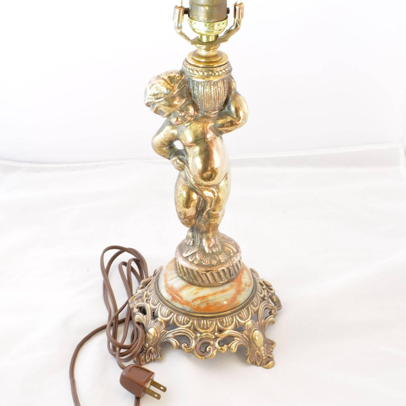 Boudoir Lamp Gold Cherub with Rosette and Fringe Shade 4