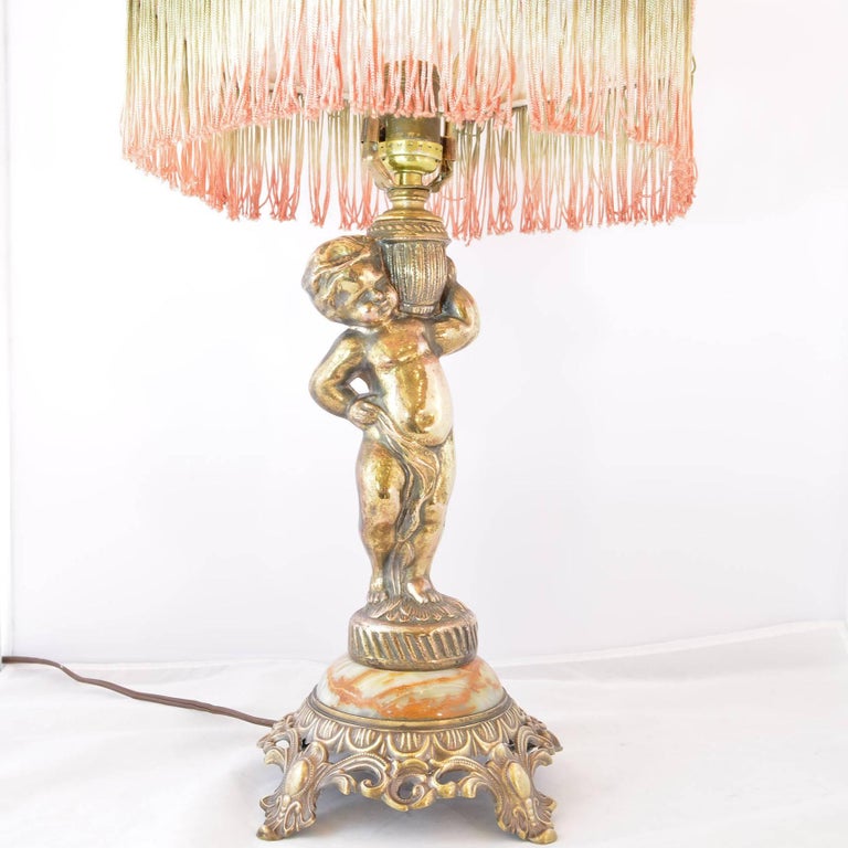 Boudoir Lamp Gold Cherub with Rosette and Fringe Shade at 1stDibs | fringed boudoir  lamps uk, gold cherub lamp